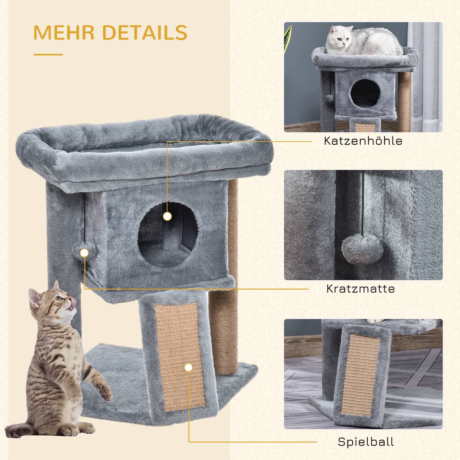 Kattträd med juteskrapsmatta och lekfunktioner, ljusgrå