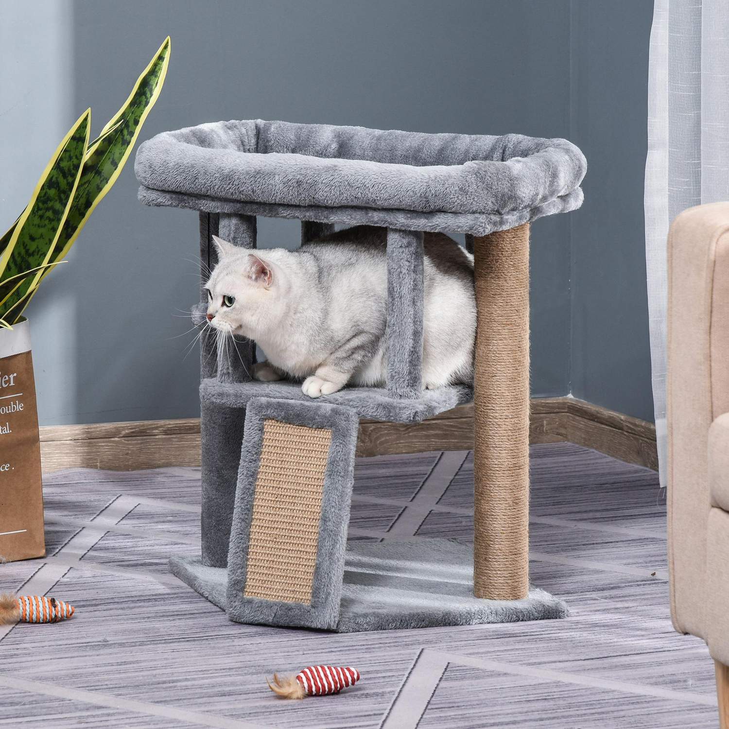 Kattträd med juteskrapsmatta och lekfunktioner, ljusgrå