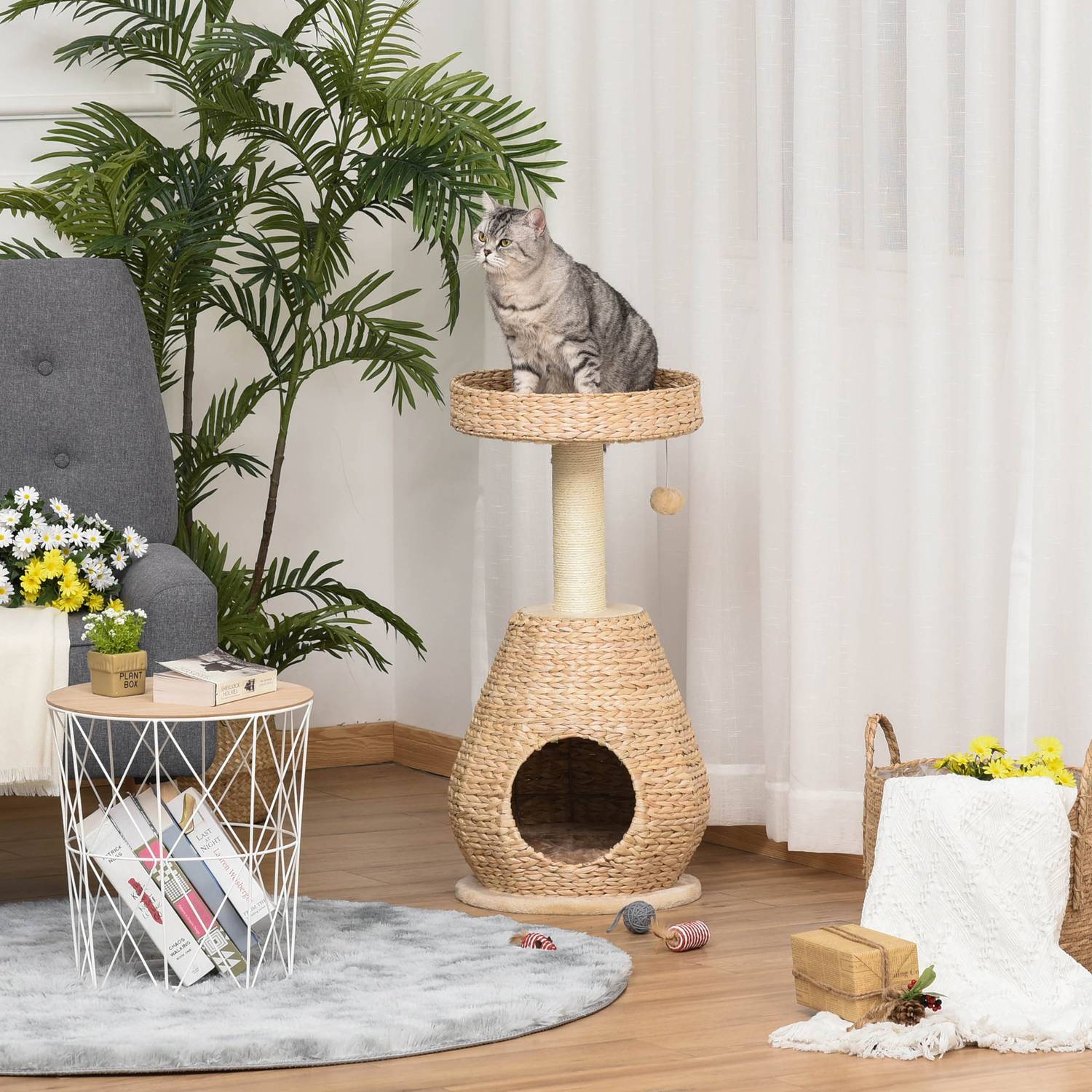 Kattträd med sisalskrapstolpe och grotta – gul, 82,5 cm