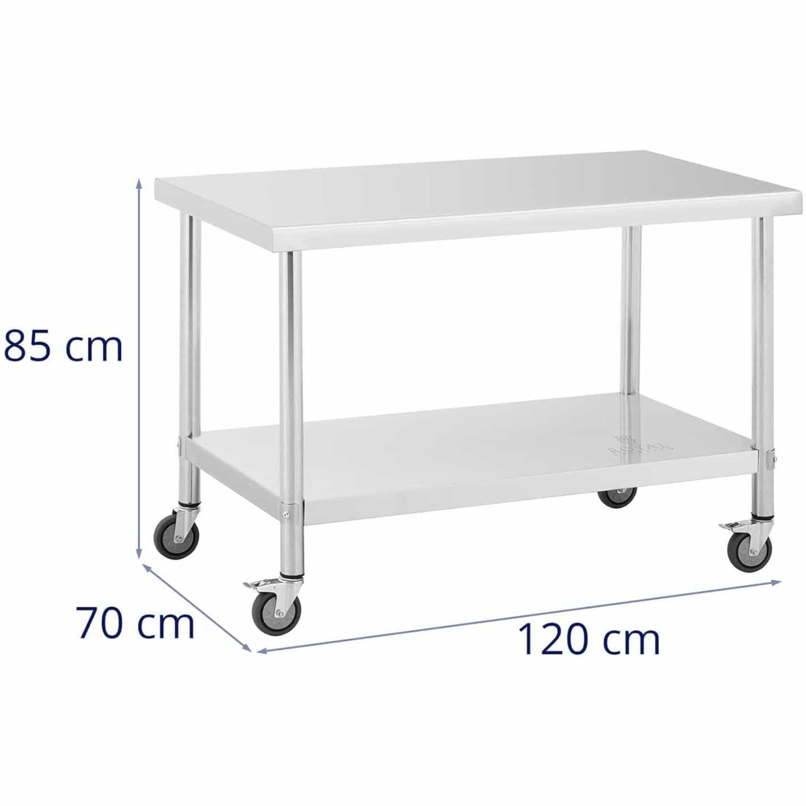 Cateringbord i metall på hjul med hylla, STÅL 70 x 120 cm