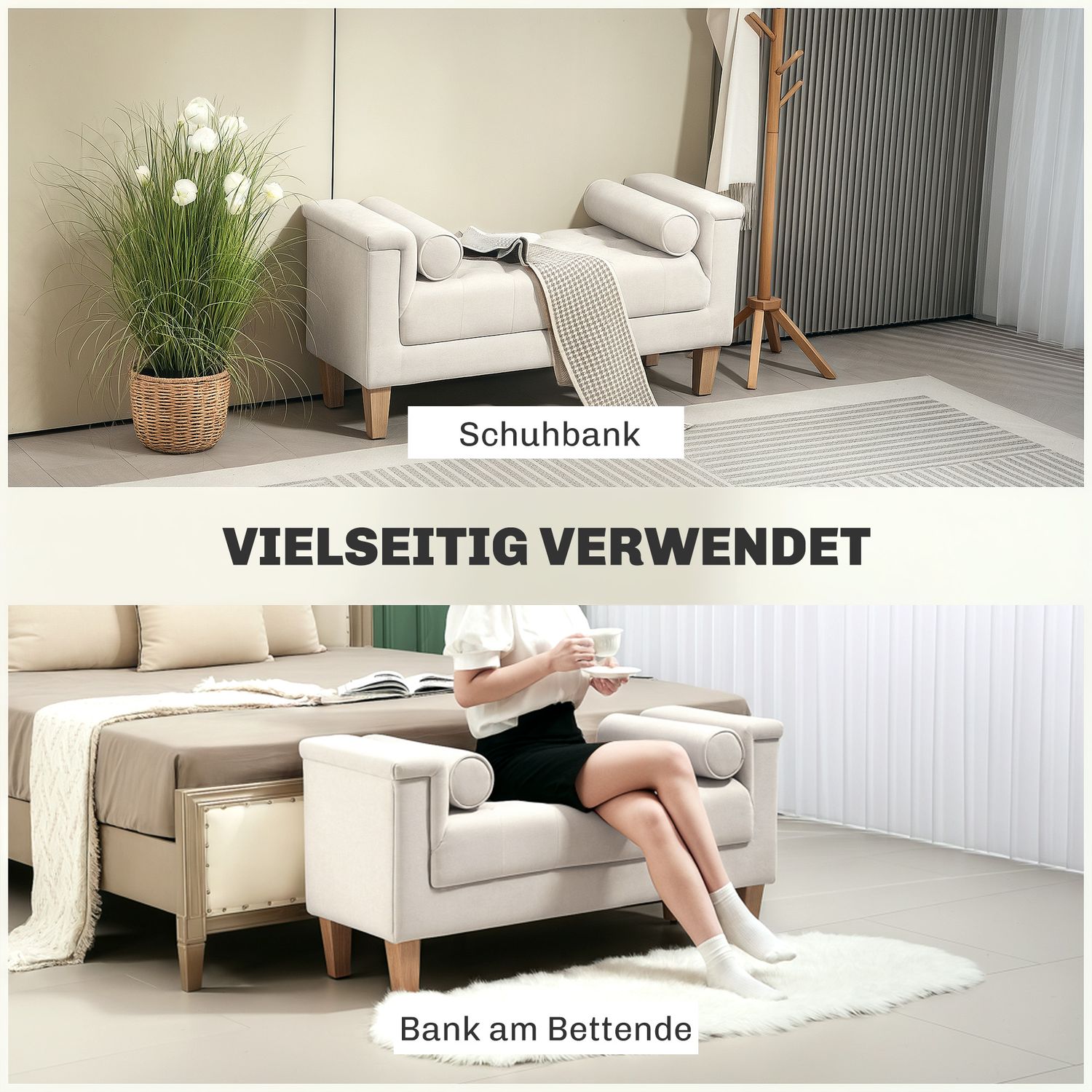 Chenille klädd bänk med armstöd och kuddar, beige