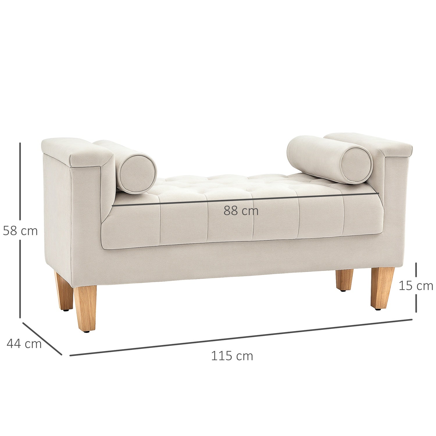 Chenille klädd bänk med armstöd och kuddar, beige