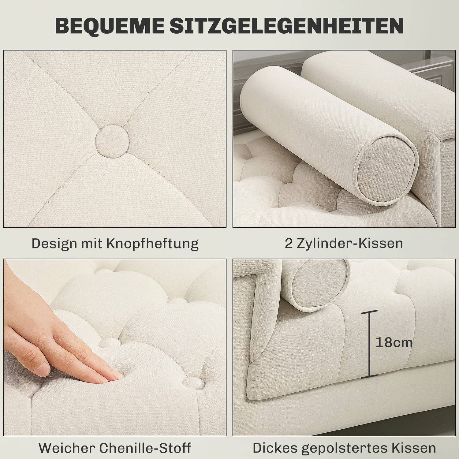 Chenille klädd bänk med armstöd och kuddar, beige