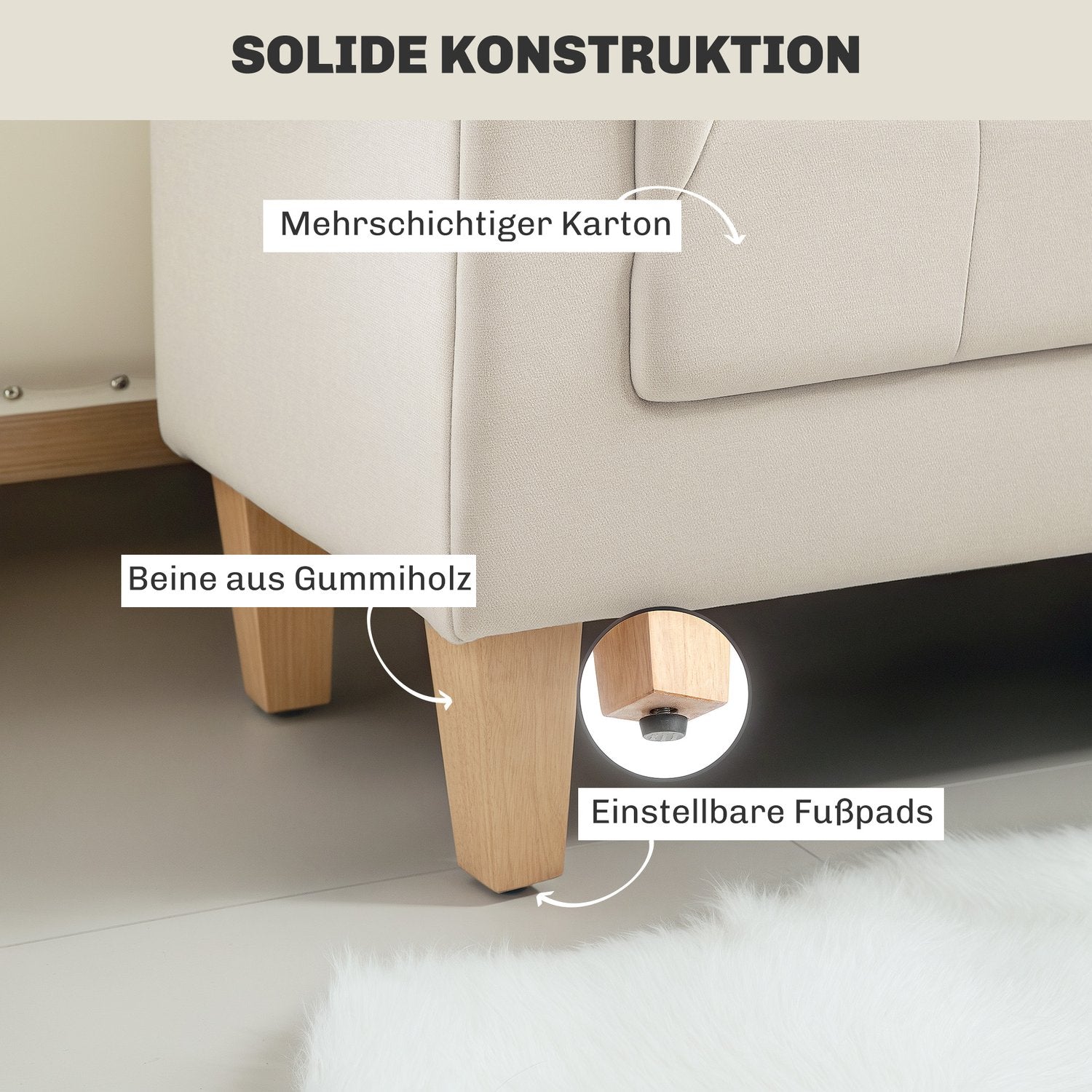Chenille klädd bänk med armstöd och kuddar, beige