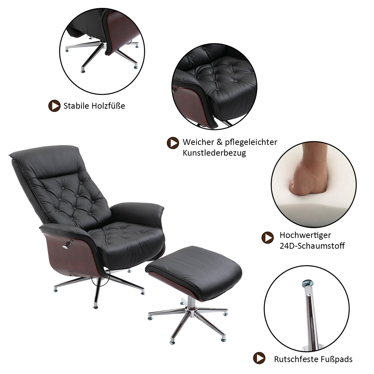Chesterfield avkopplingsstol och pall, 360° vridbar, PU-läder