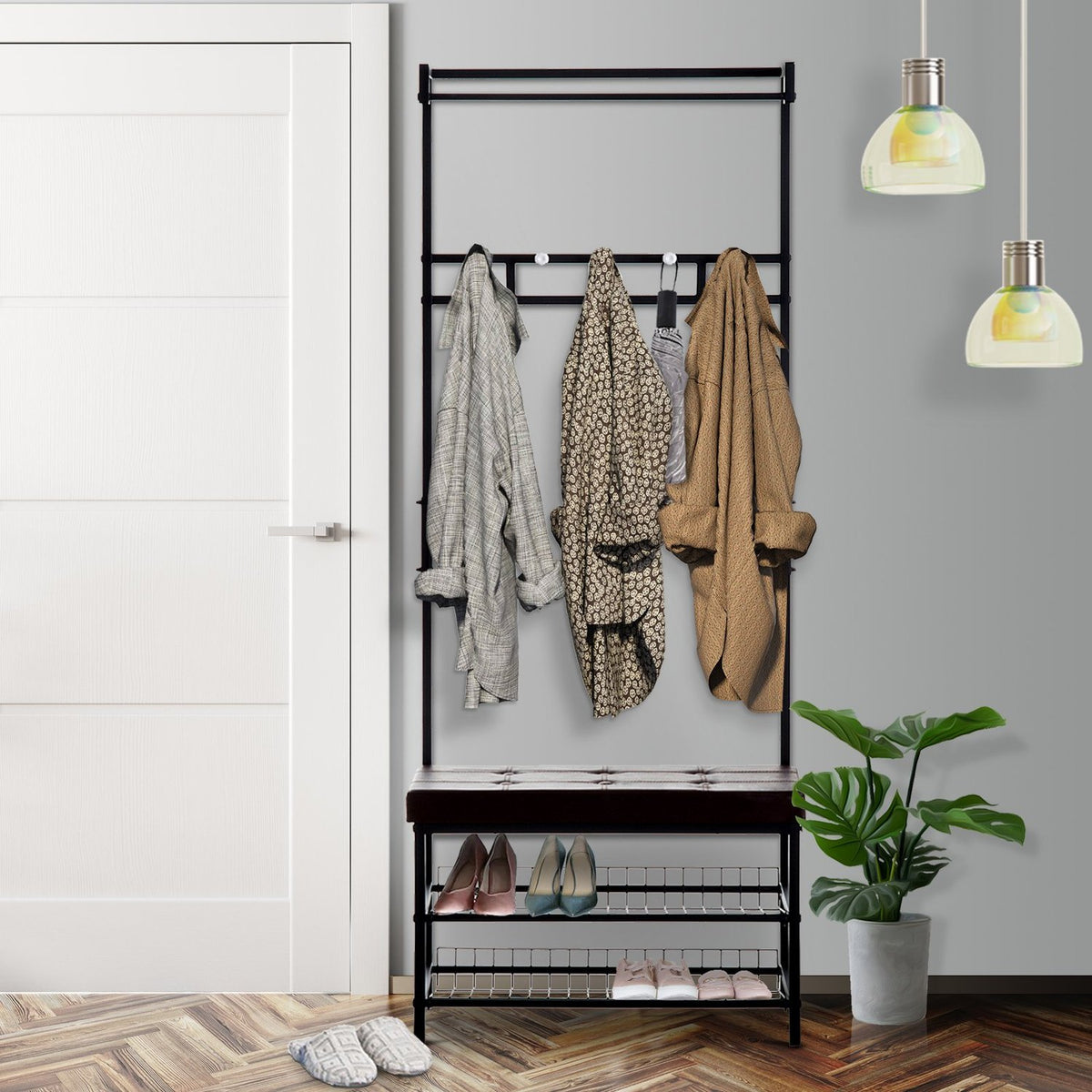 Coat Rack Bänk Combo med metallram och förvaringshyllor