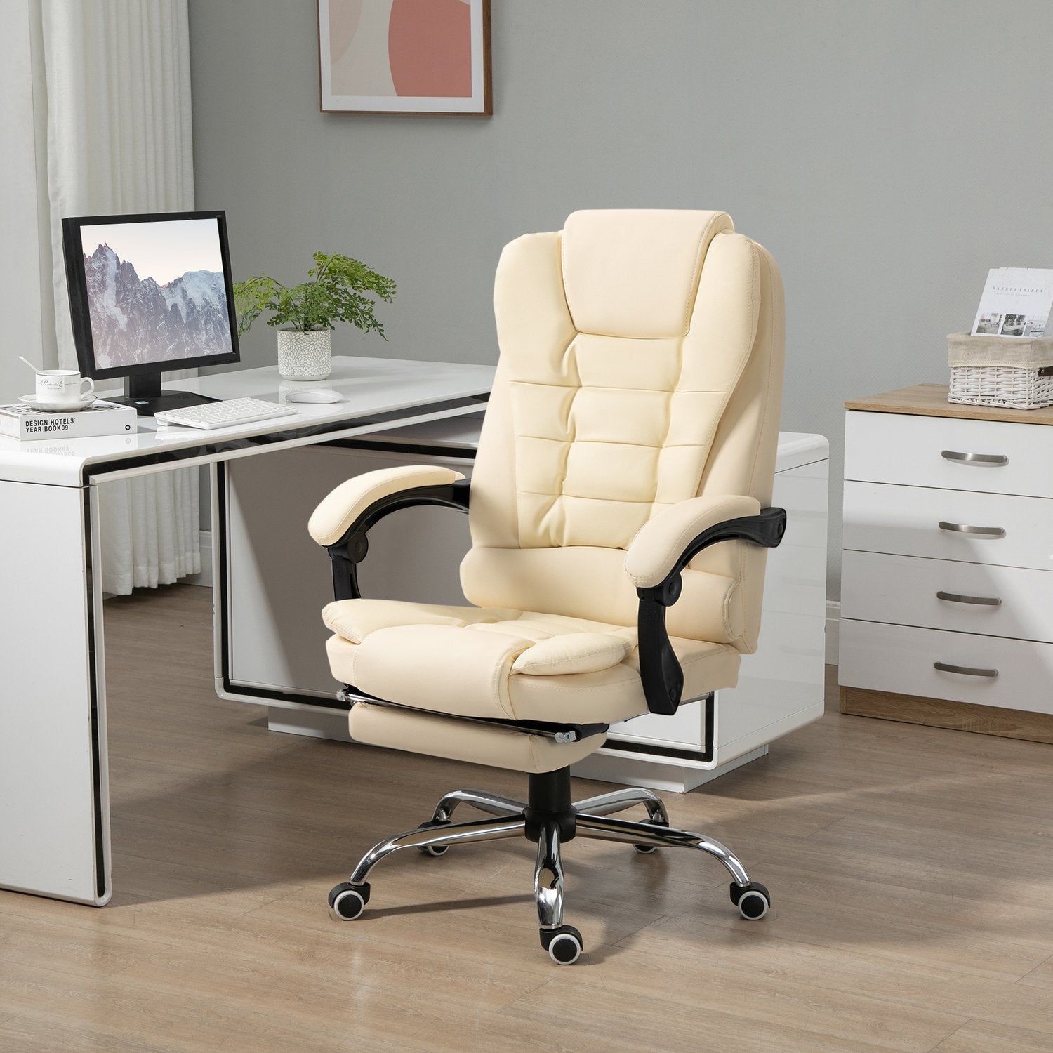 Cream konstläder Ergonomisk kontorsstol med fotstöd