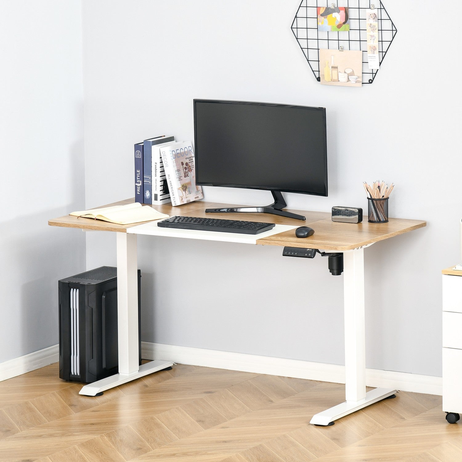 Höjdjusterbart elektriskt stående skrivbord – metallram, natur & vit