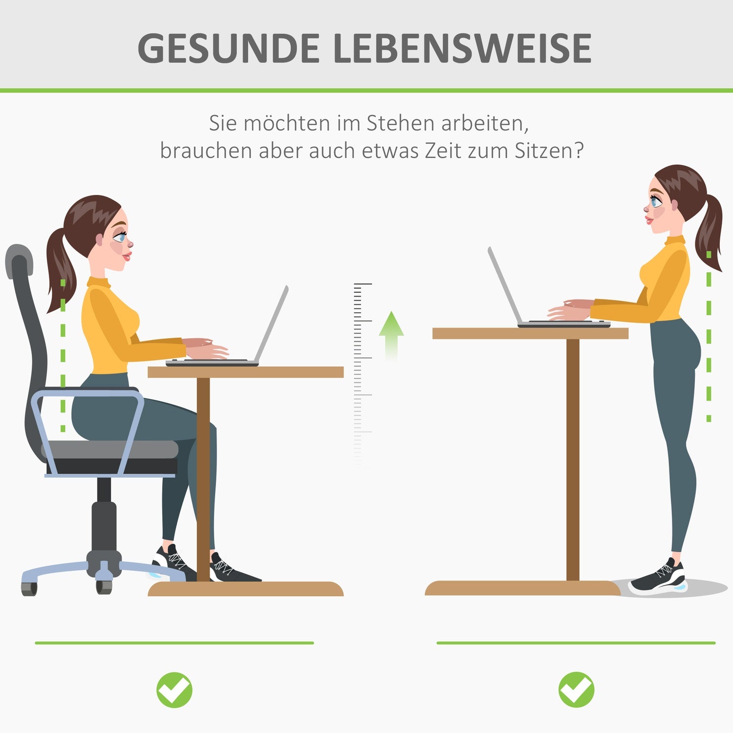 Höjdjusterbart elektriskt stående skrivbord – metallram, natur & vit