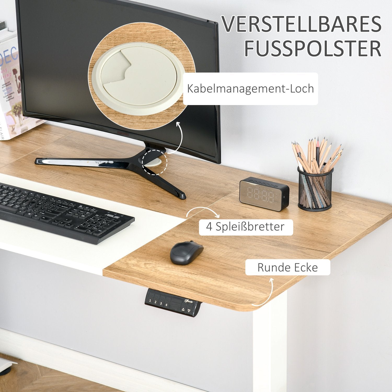 Höjdjusterbart elektriskt stående skrivbord – metallram, natur & vit
