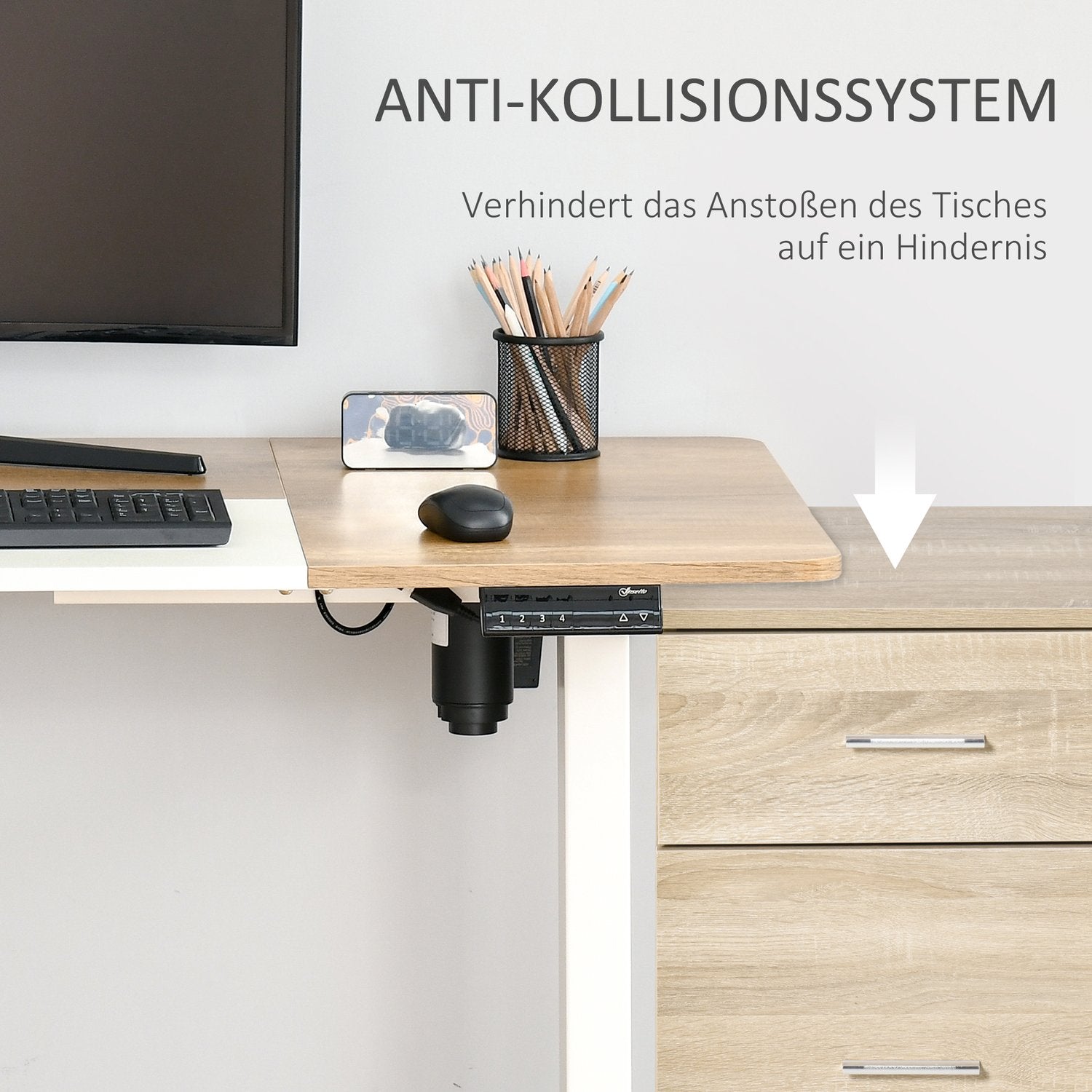 Höjdjusterbart elektriskt stående skrivbord – metallram, natur & vit