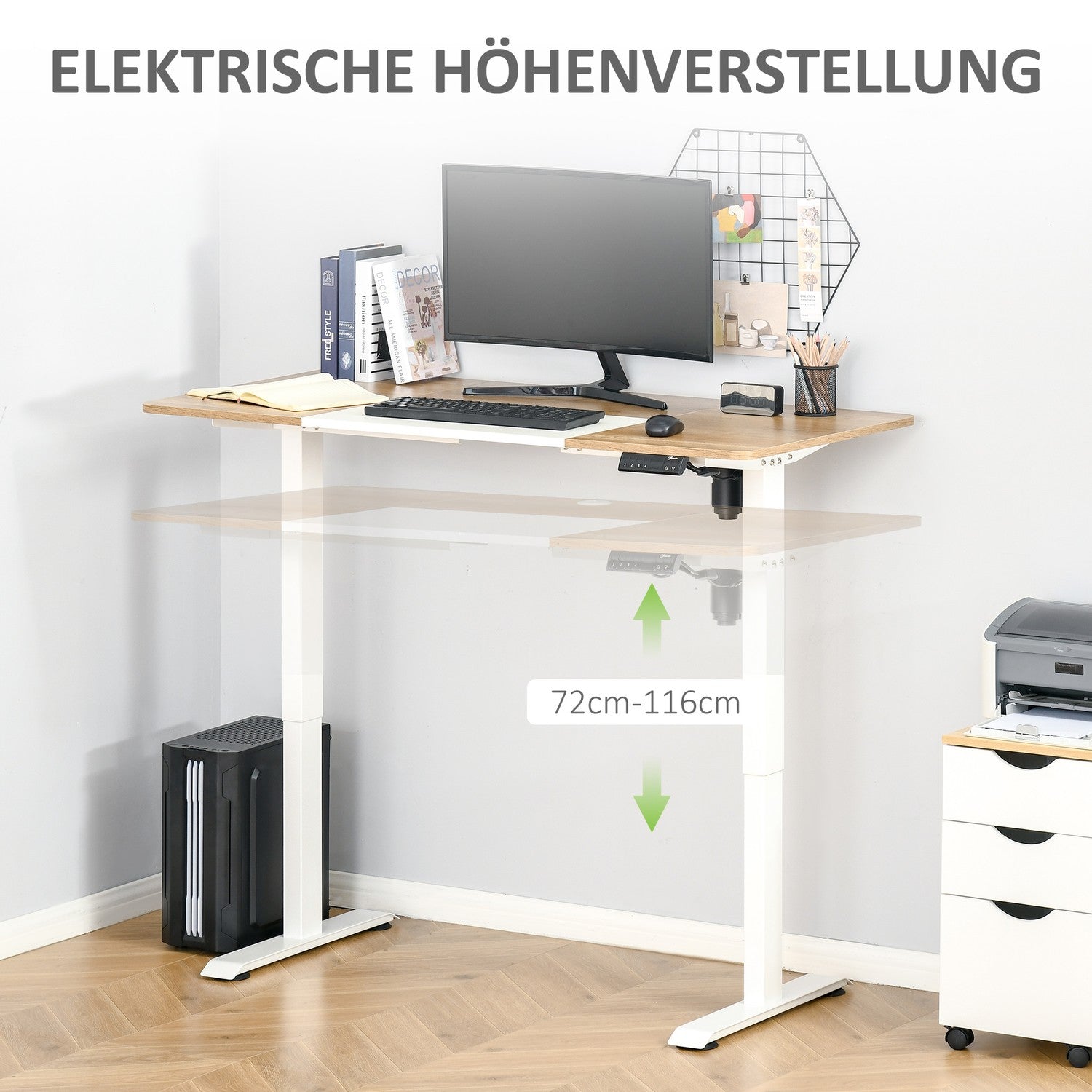 Höjdjusterbart elektriskt stående skrivbord – metallram, natur & vit