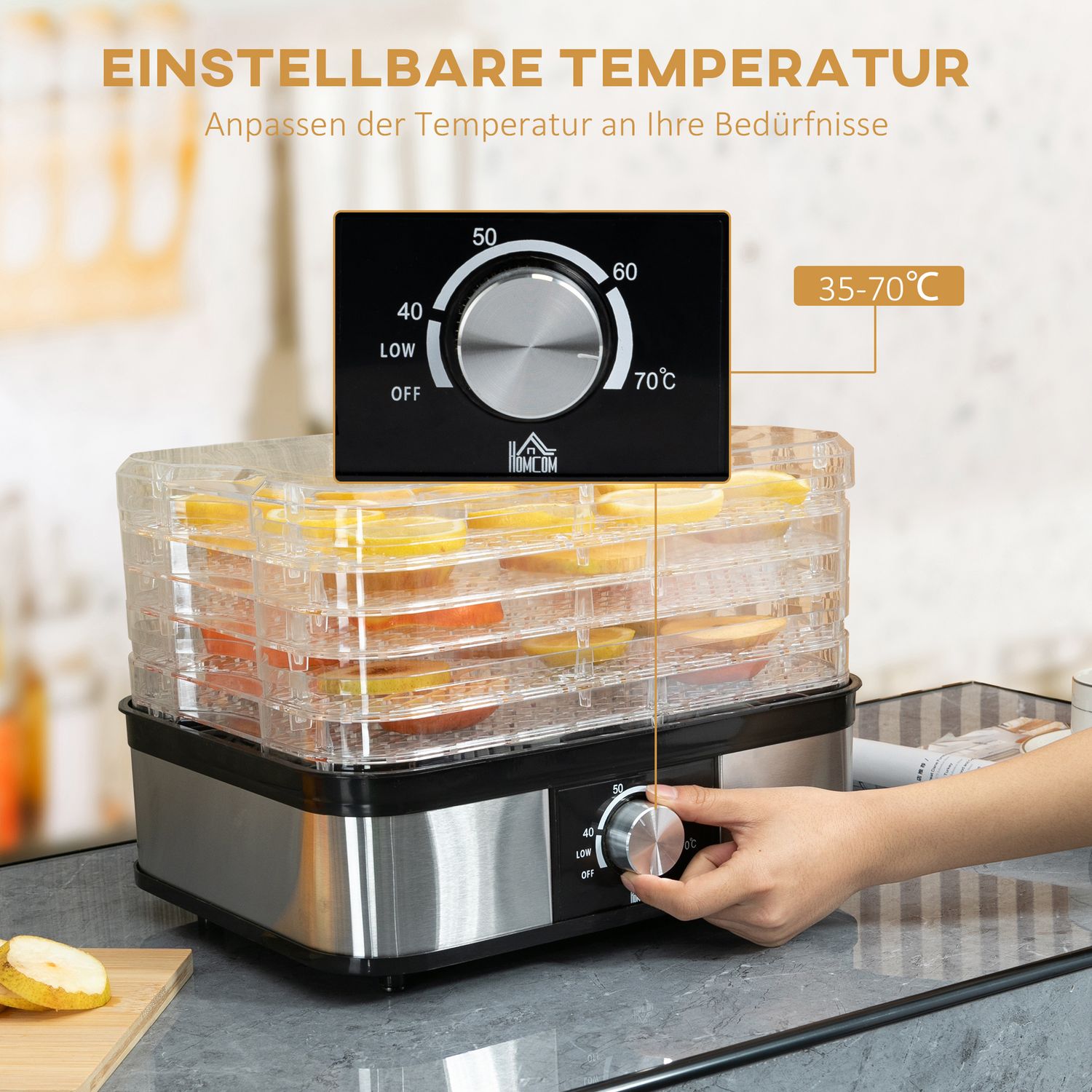 Dehydrator med timer & temperaturkontroll, 5 nivåer, rostfritt stål
