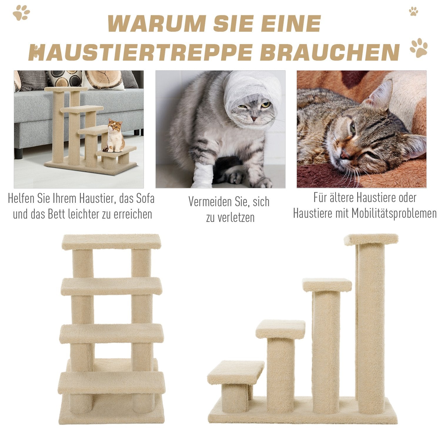 Djurtrappa, 4-stegs plysch, beige, 63,5x43x60 cm