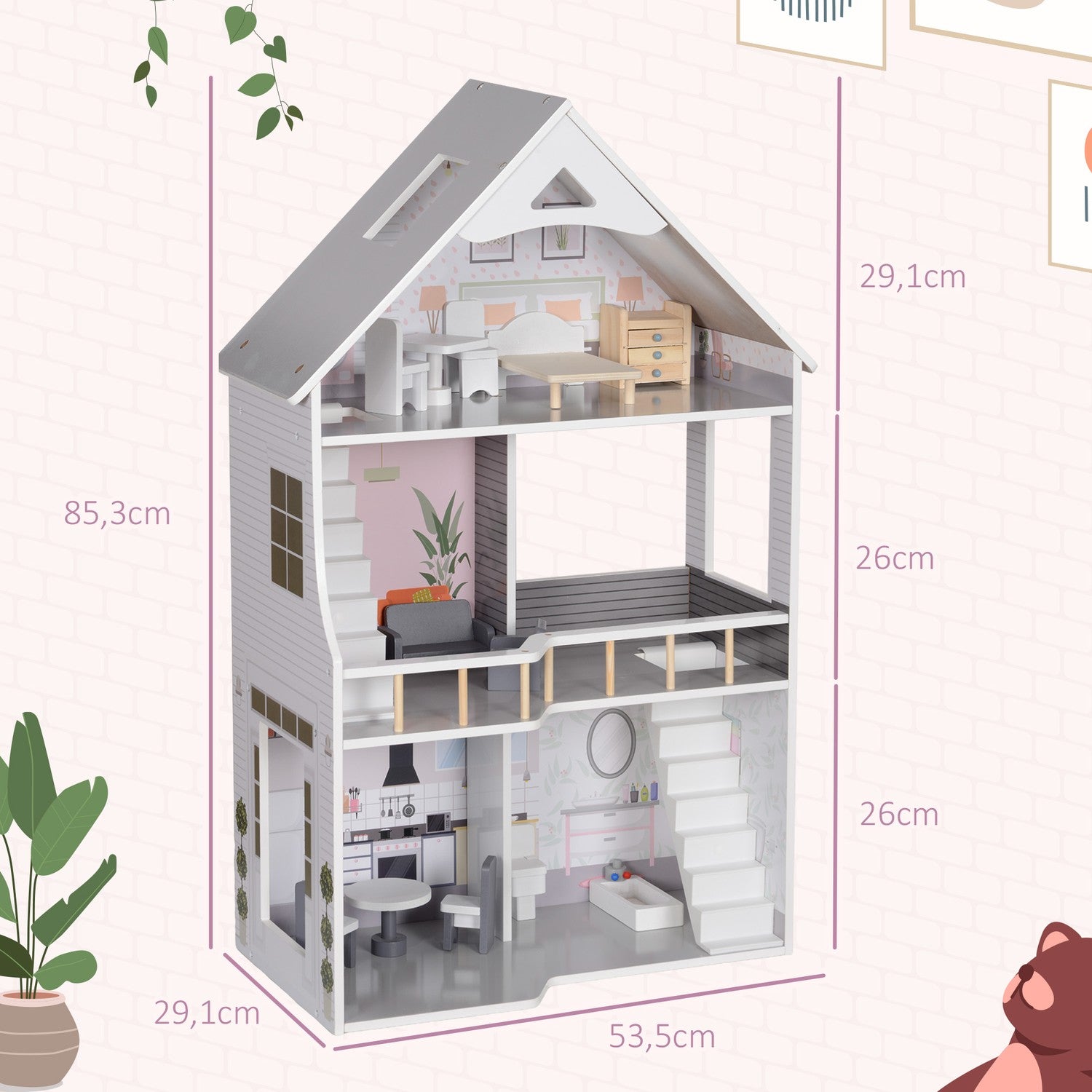 Dockhus i trä med möbler, 3 våningar, 85,3 cm hög