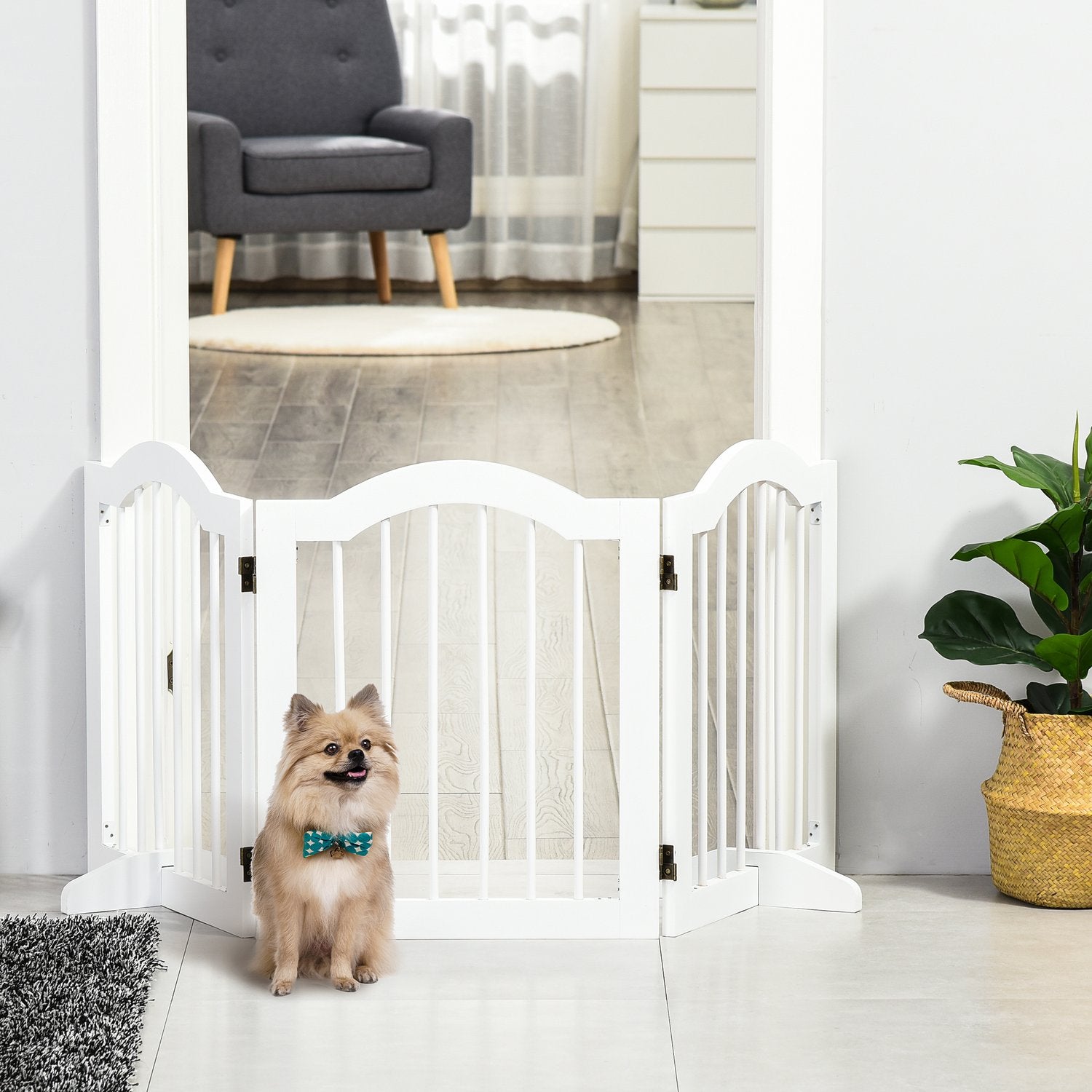 Dog Gate Barrier, Stabil 3-Panel MDF, Vikbar, Vit