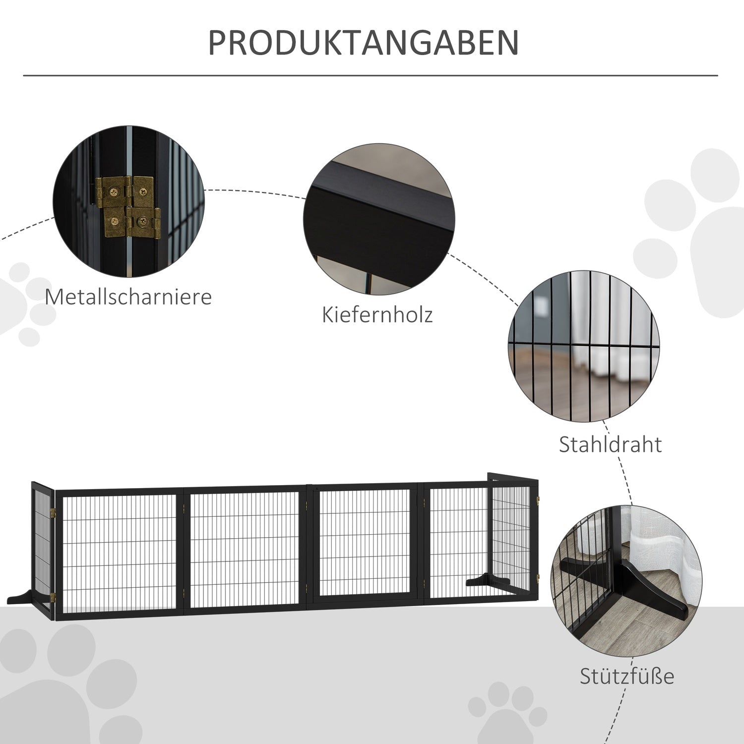 Dog Gate – Fällbar säkerhetsbarriär, Furu & Metall, 432x36x70 cm