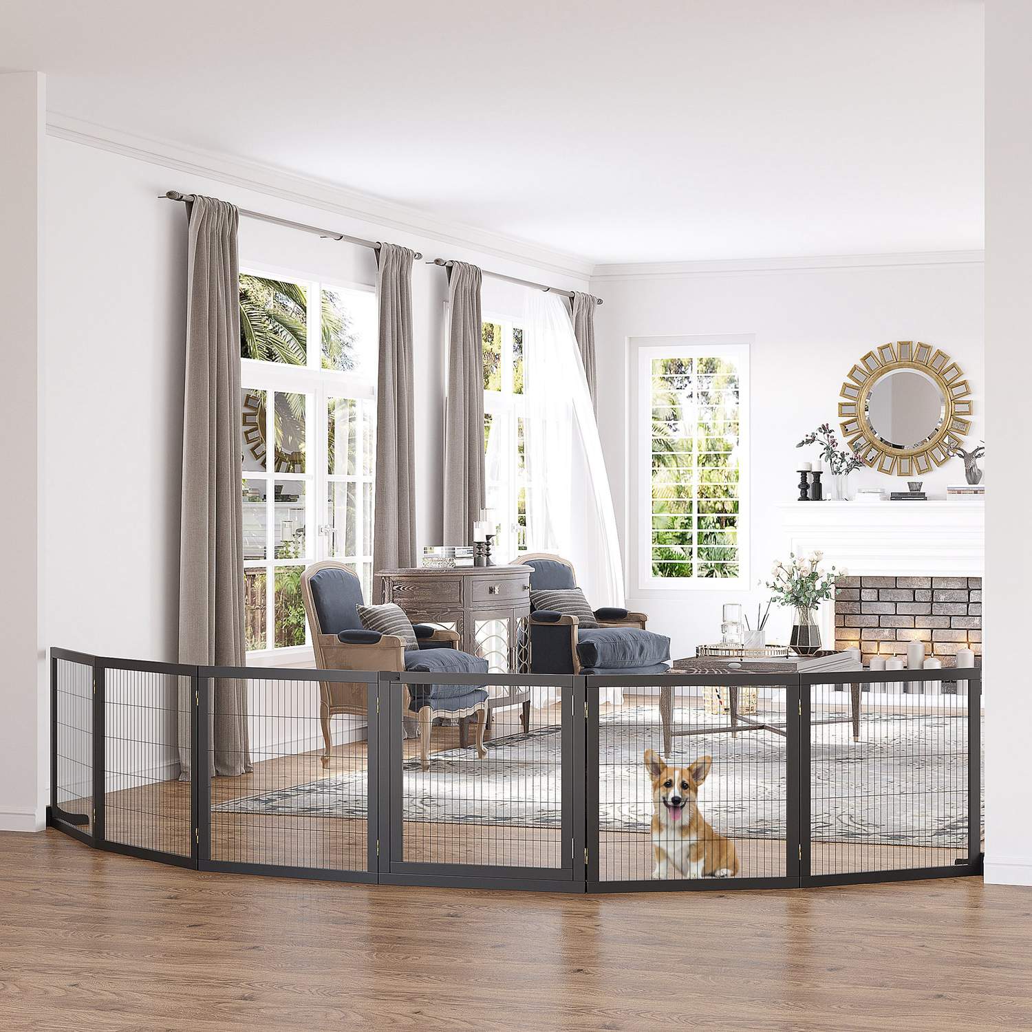 Dog Gate – Fällbar säkerhetsbarriär, Furu & Metall, 432x36x70 cm