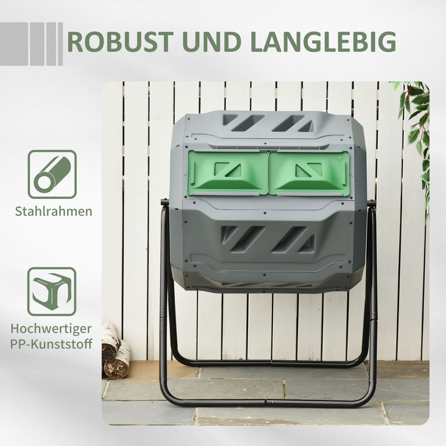 Roterande trumkompostor 160L – Dual Chamber Effektiv grå