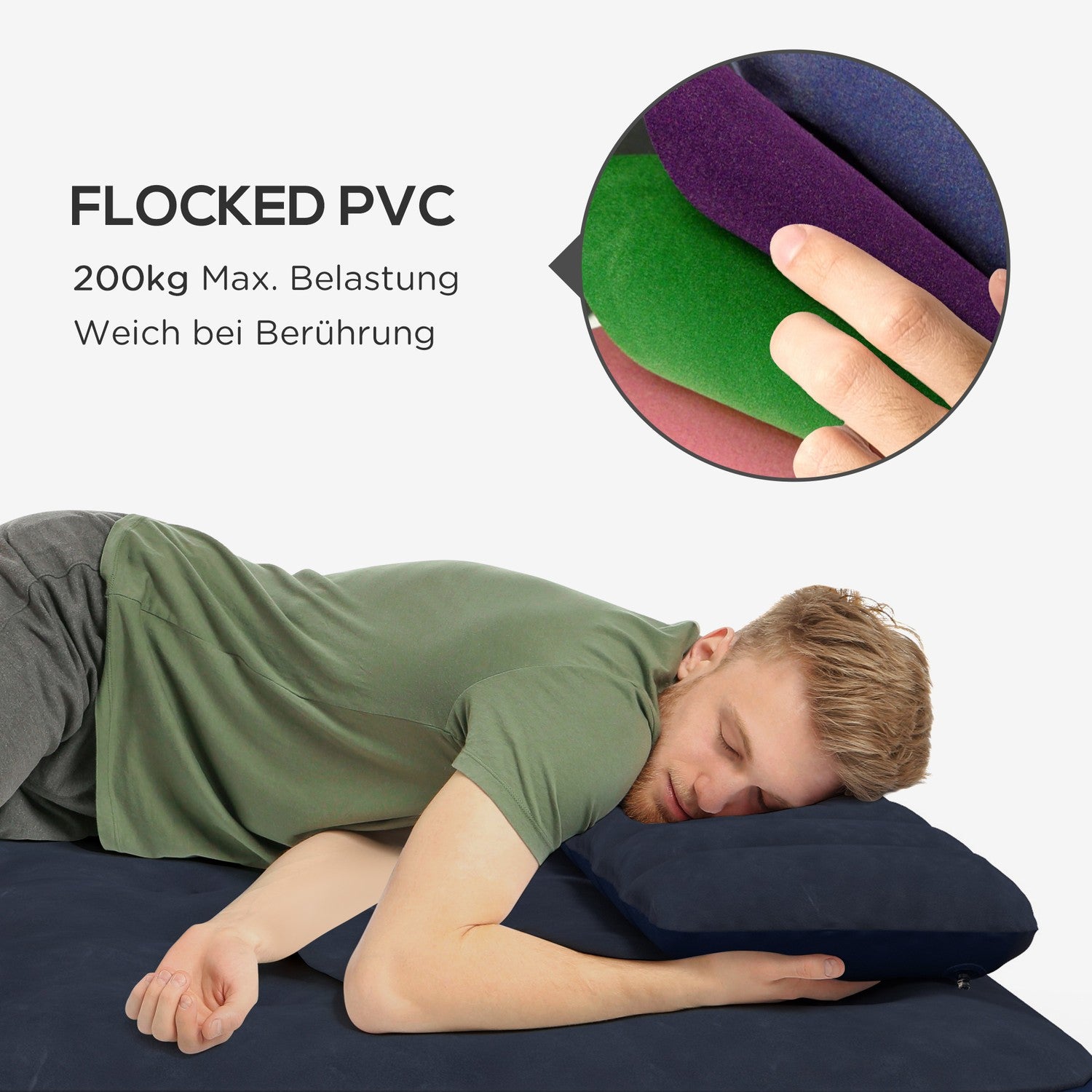 Dubbel Luftmadrass Med Handpump & Kudde, Blå, 203x152x22Cm