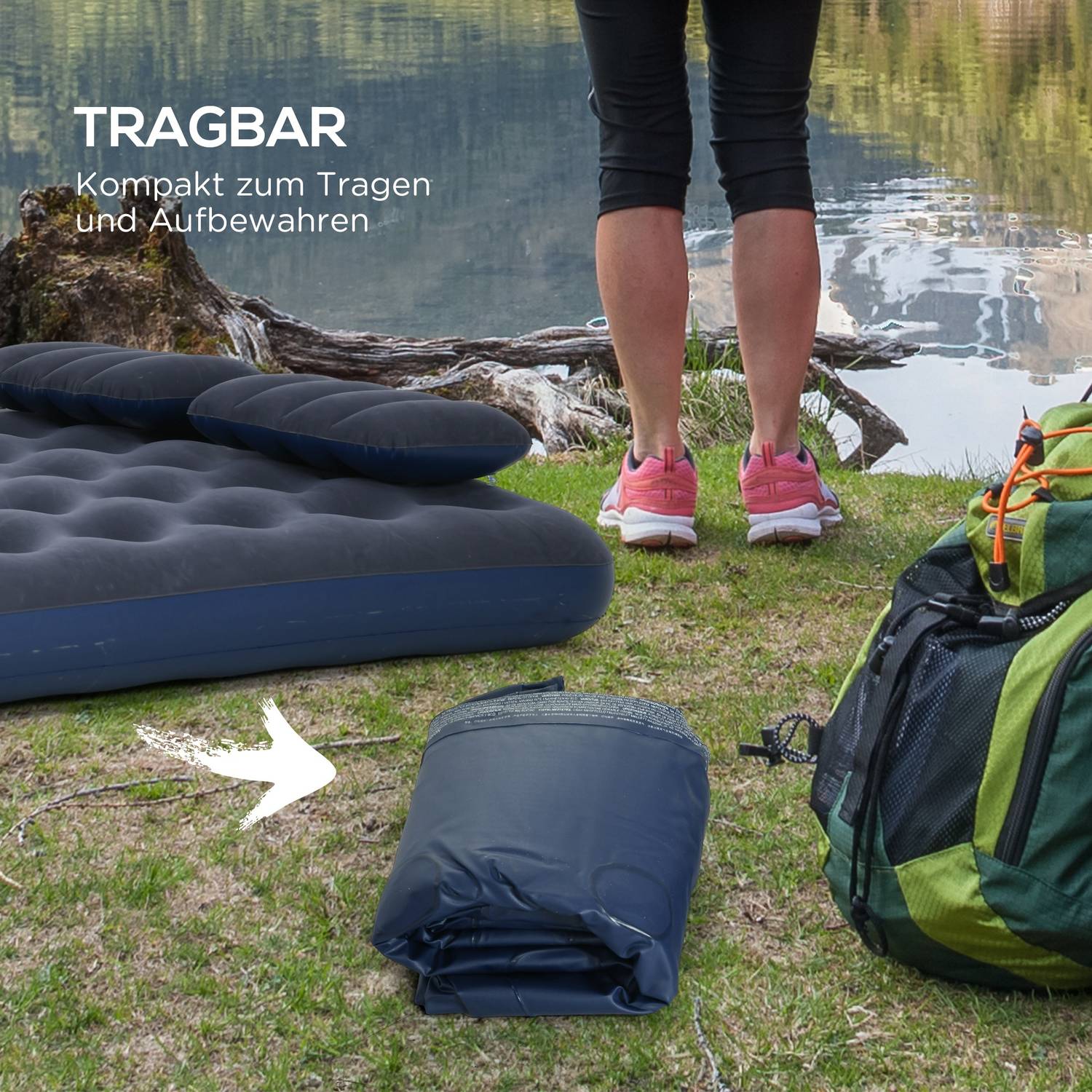 Dubbel Luftmadrass Med Handpump & Kudde, Blå, 203x152x22Cm