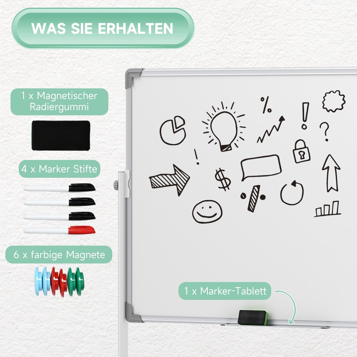Dubbelsidig Whiteboard 120x90 cm med stativ & hjul