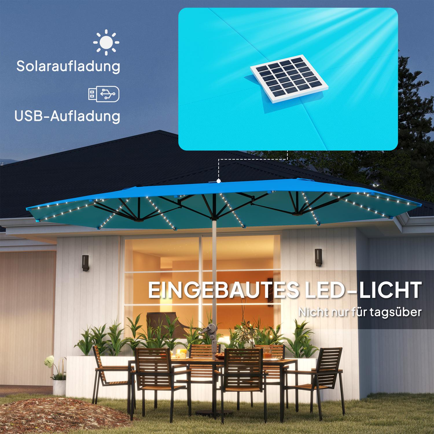 Dubbelt parasoll med solcellslysdioder, UV 50+ aluminium – blå