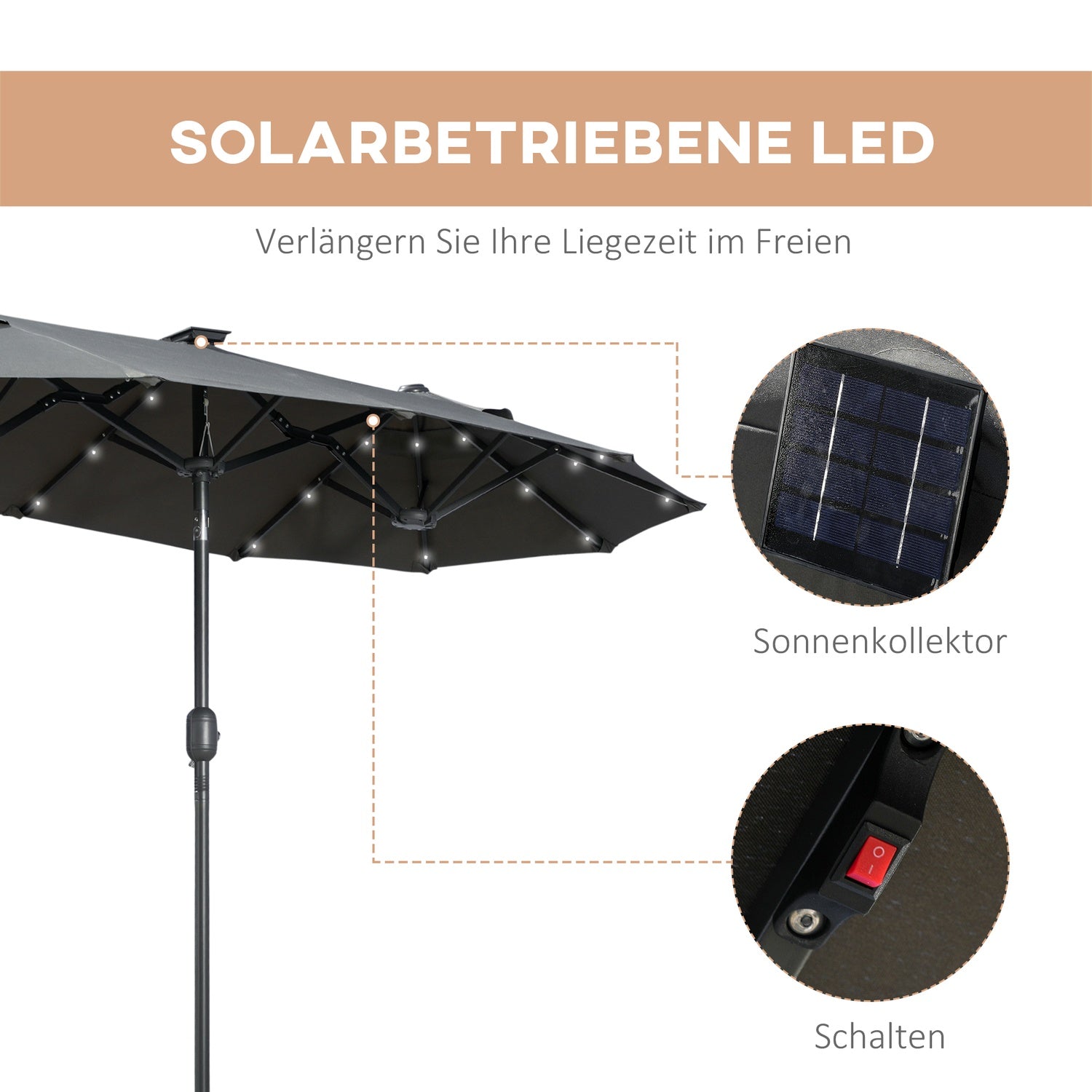 Dubbel trädgårdsparasoll, 295x219cm, vindtät med LED & Tilt