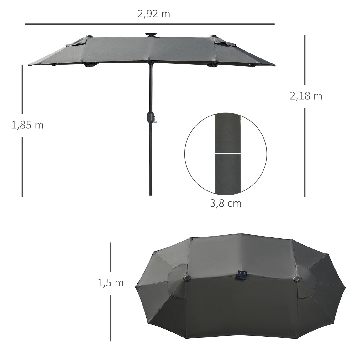 Dubbel trädgårdsparasoll, 295x219cm, vindtät med LED & Tilt