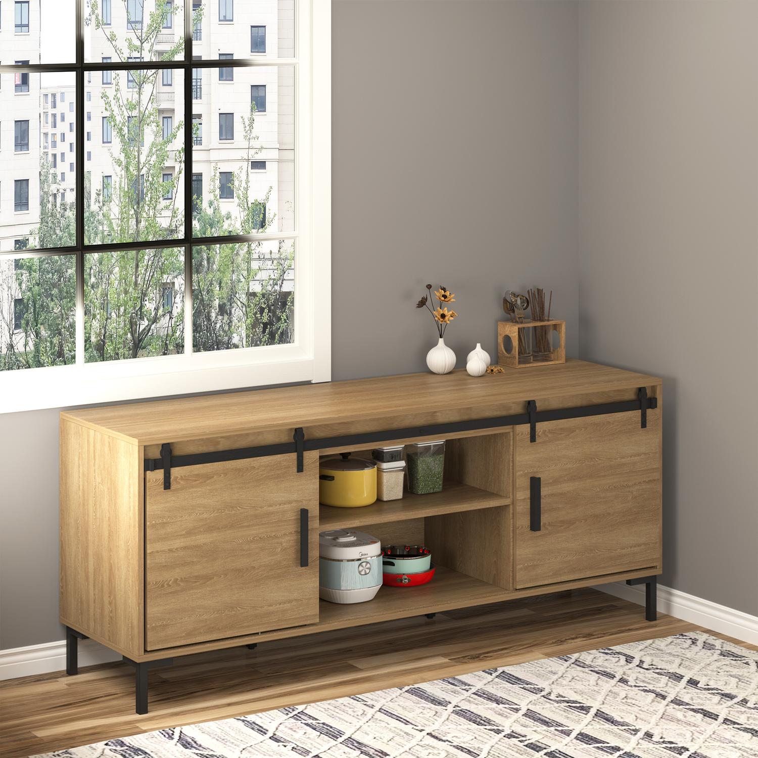 Dubbelt skjutdörrssystem i trä, svart kolstål