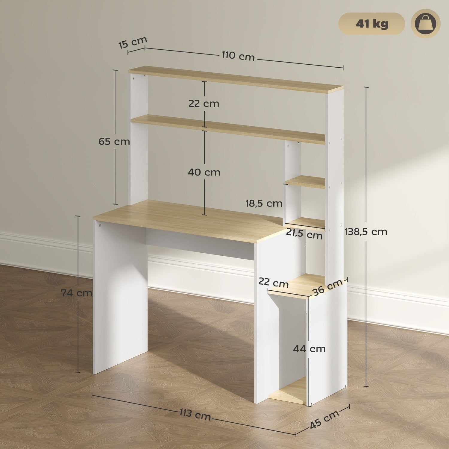 Ek Datorbord – 113 x 45 cm, Stålram, Öppna hyllor