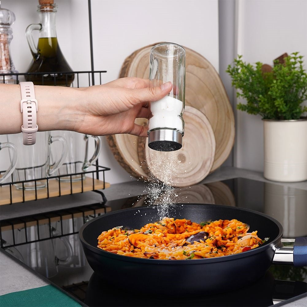 Elegant set för salt & peppar i glas och rostfritt stål