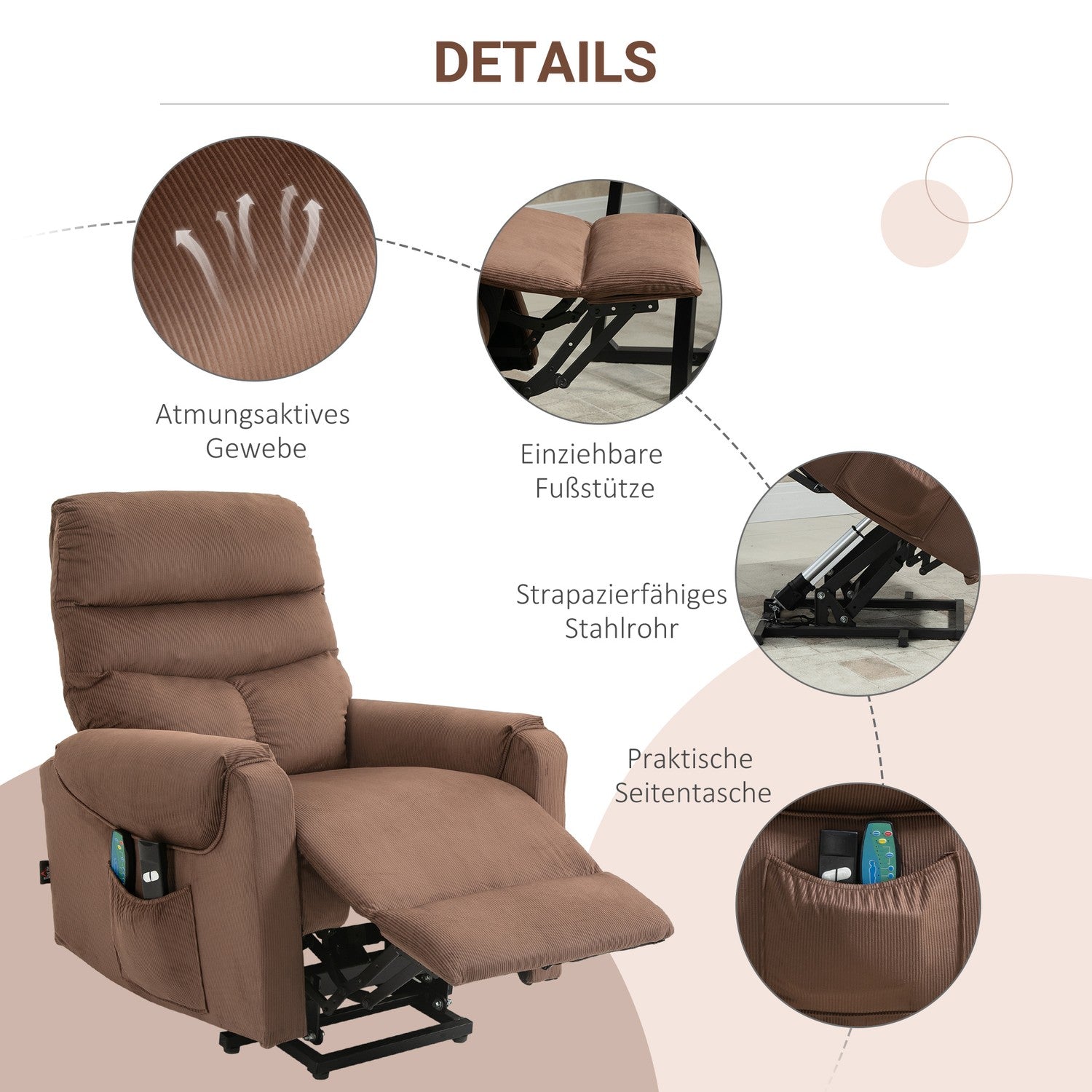 Elektrisk fåtölj med massage, värme och fjärrkontroll