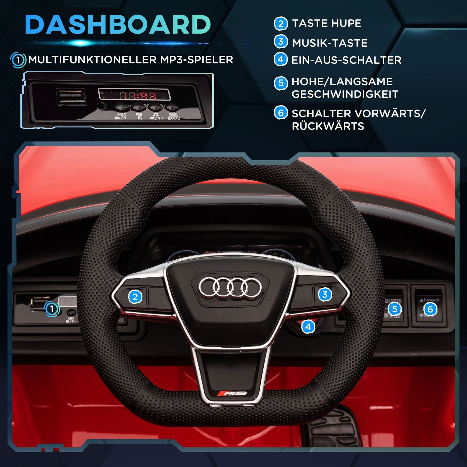 Elektrisk åkande bil, fjärrkontroll, musik, ljus, åldrarna 3-5, röd