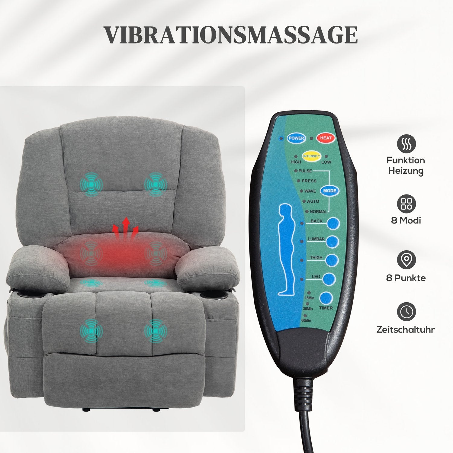 Elektrisk ligg-tv-fåtölj, värme & massage, mörkgrå