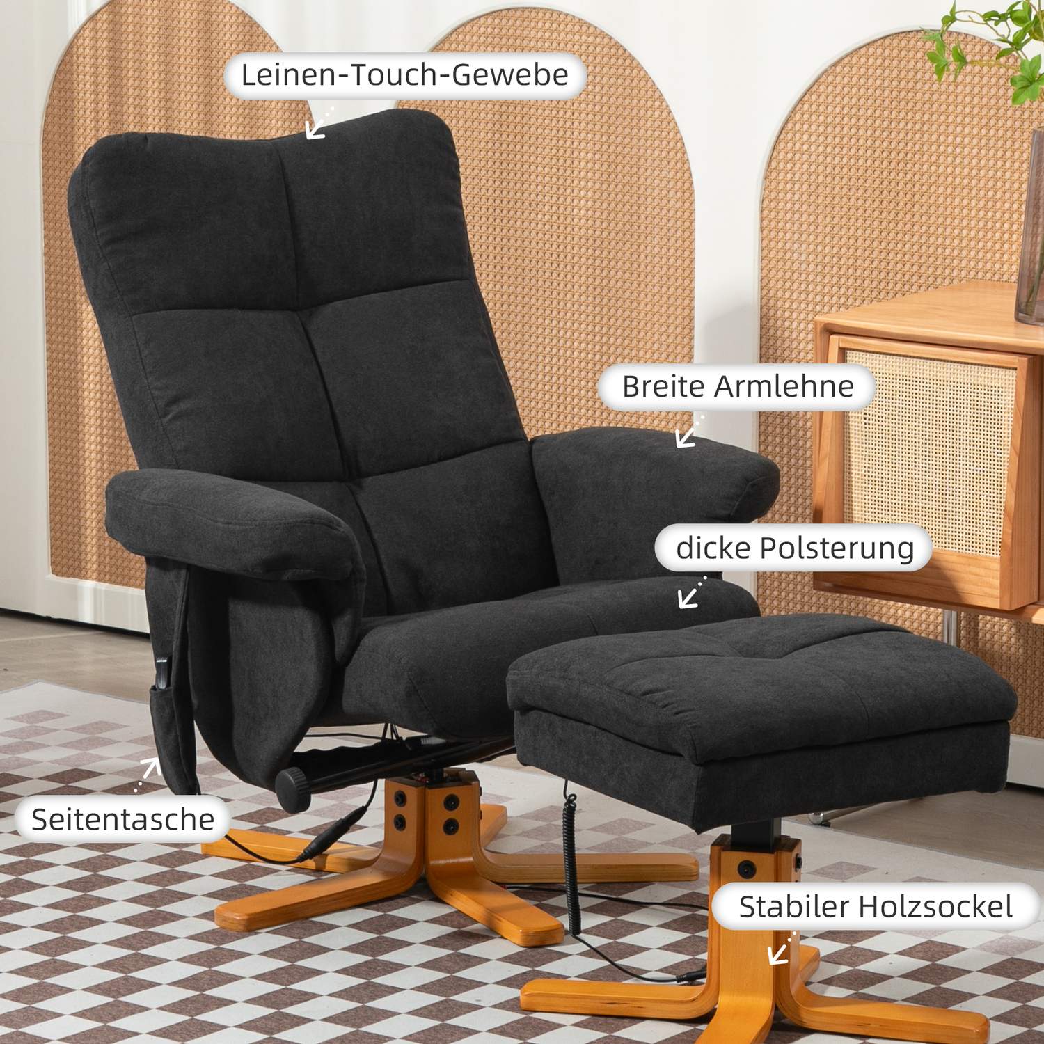 Elektrisk massagefåtölj med fotpall, svart