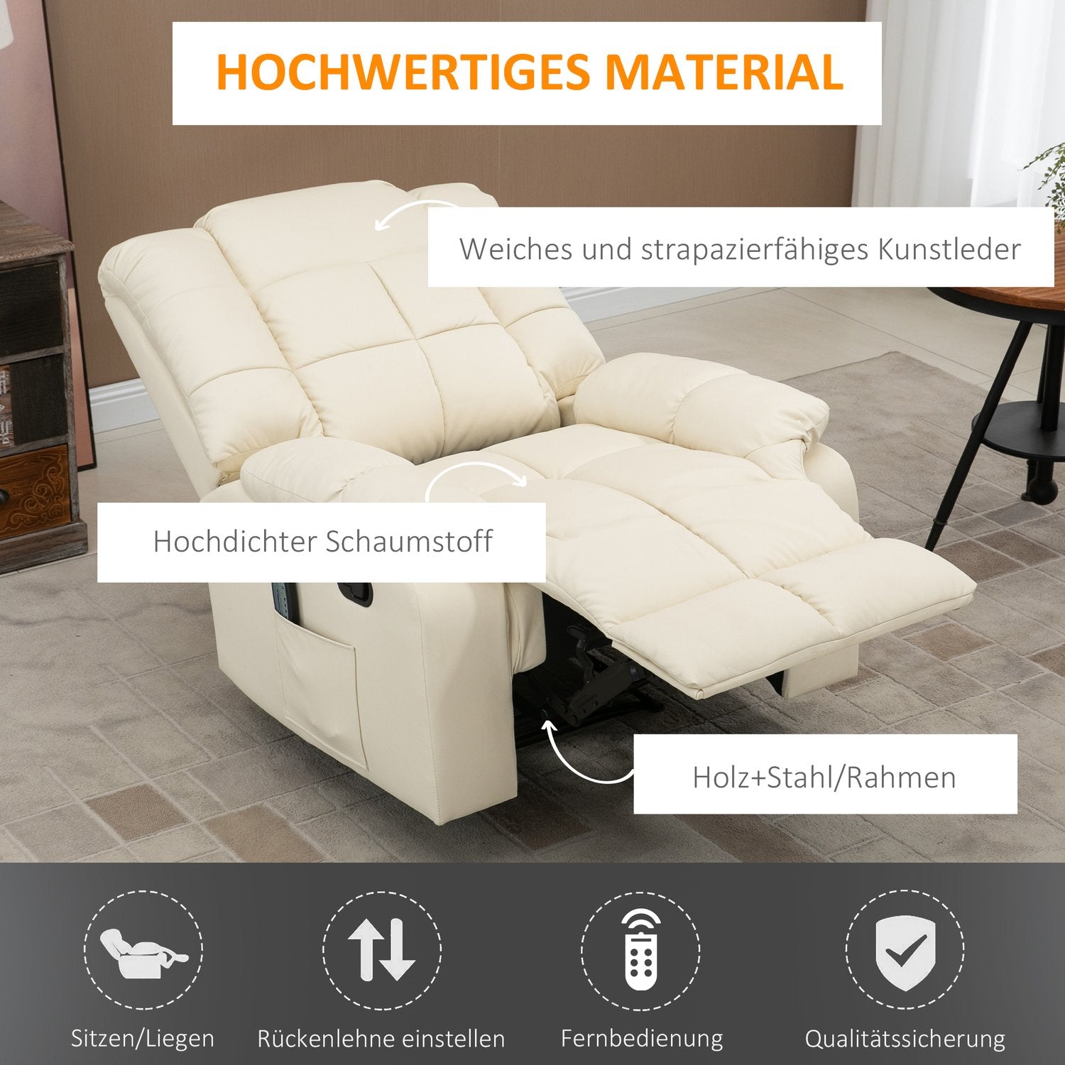 Elektrisk massagestol – konstläder, krämvit, 94x99x99 Cm