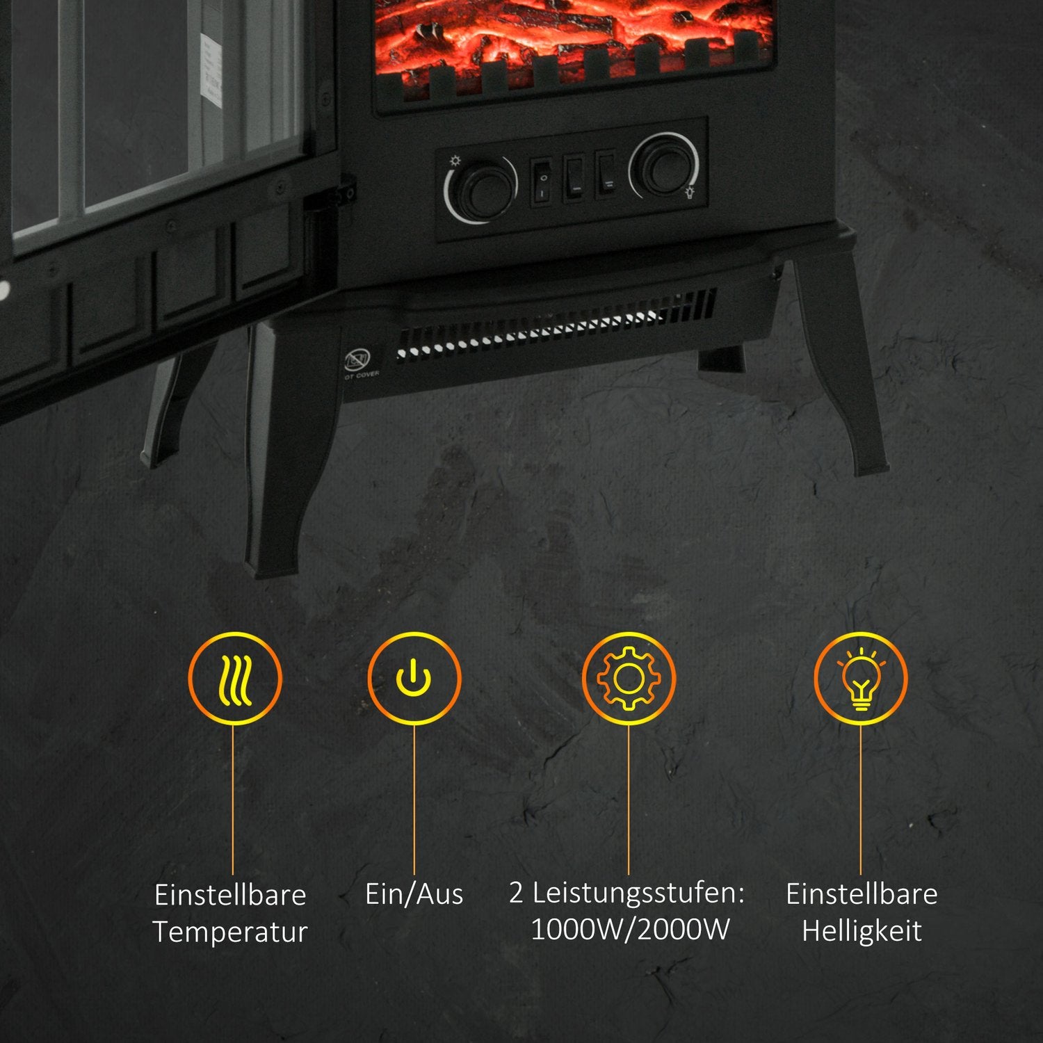 Elektrisk öppen spis, 2000W, LED-flamma, Lågbrus, Metallsäkerhet