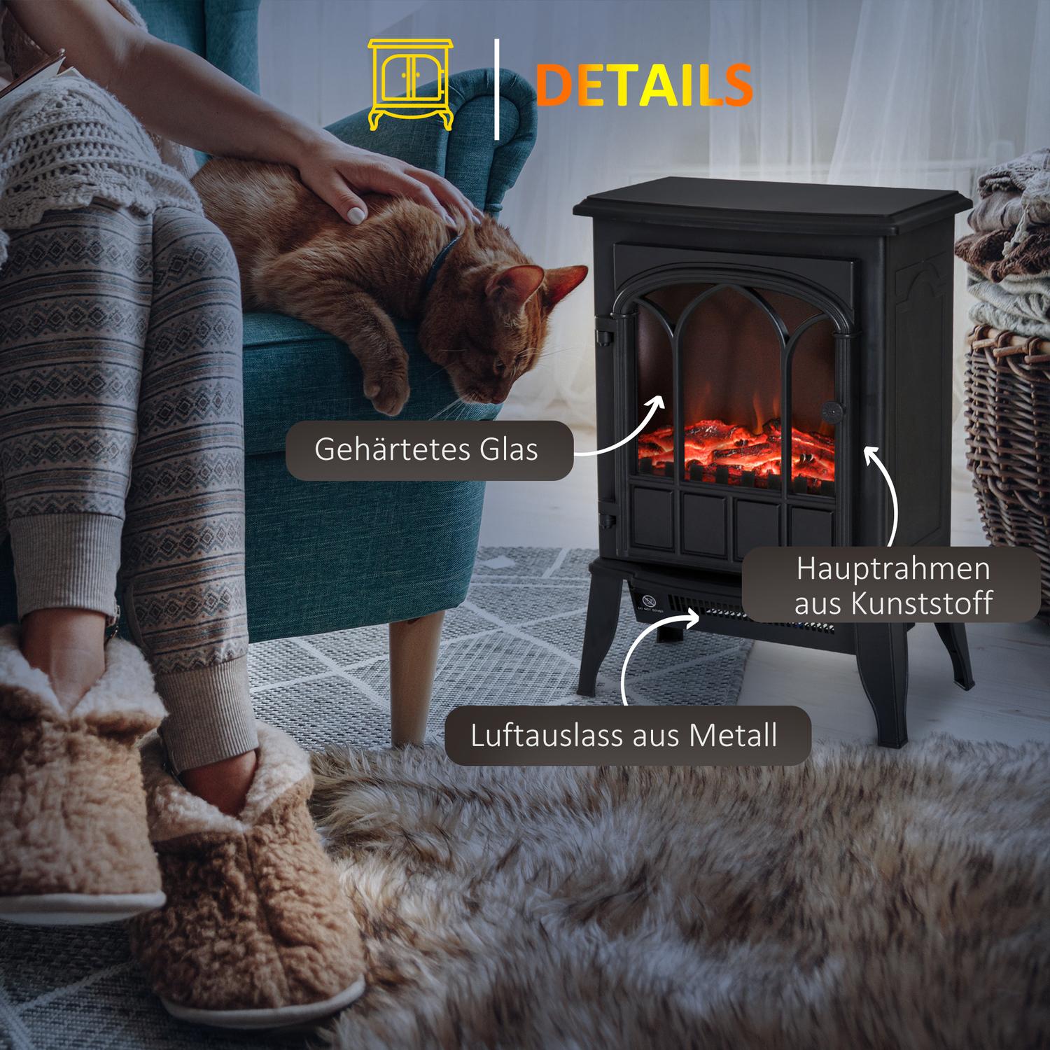 Elektrisk öppen spis, 2000W, LED-flamma, Lågbrus, Metallsäkerhet