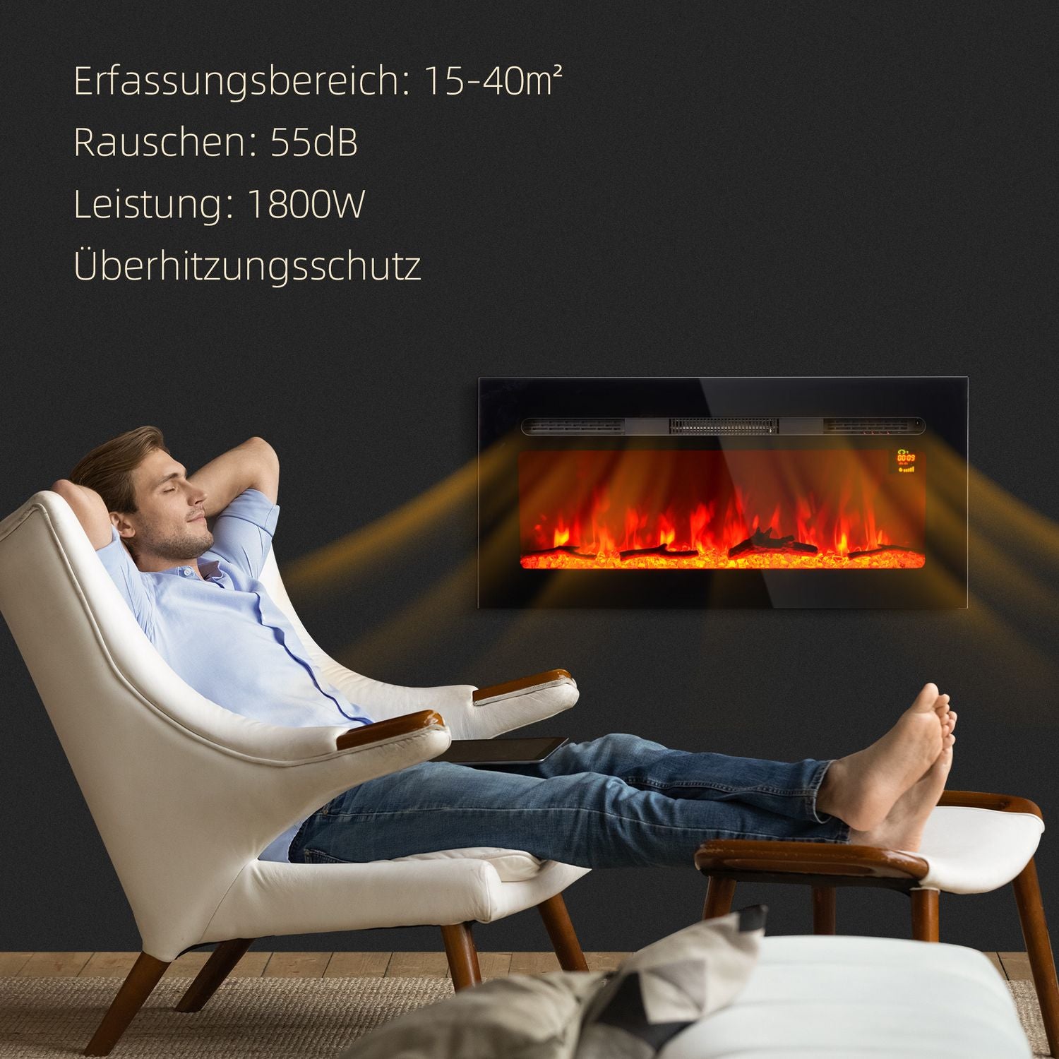 Elektrisk öppen spis, 1800W, LED Flame, Fjärrkontroll