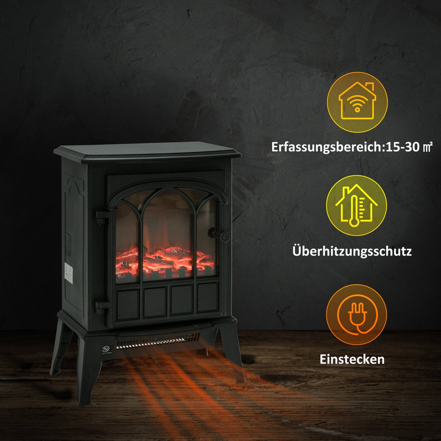 Elektrisk öppen spis, 2000W, LED-flamma, Lågbrus, Metallsäkerhet