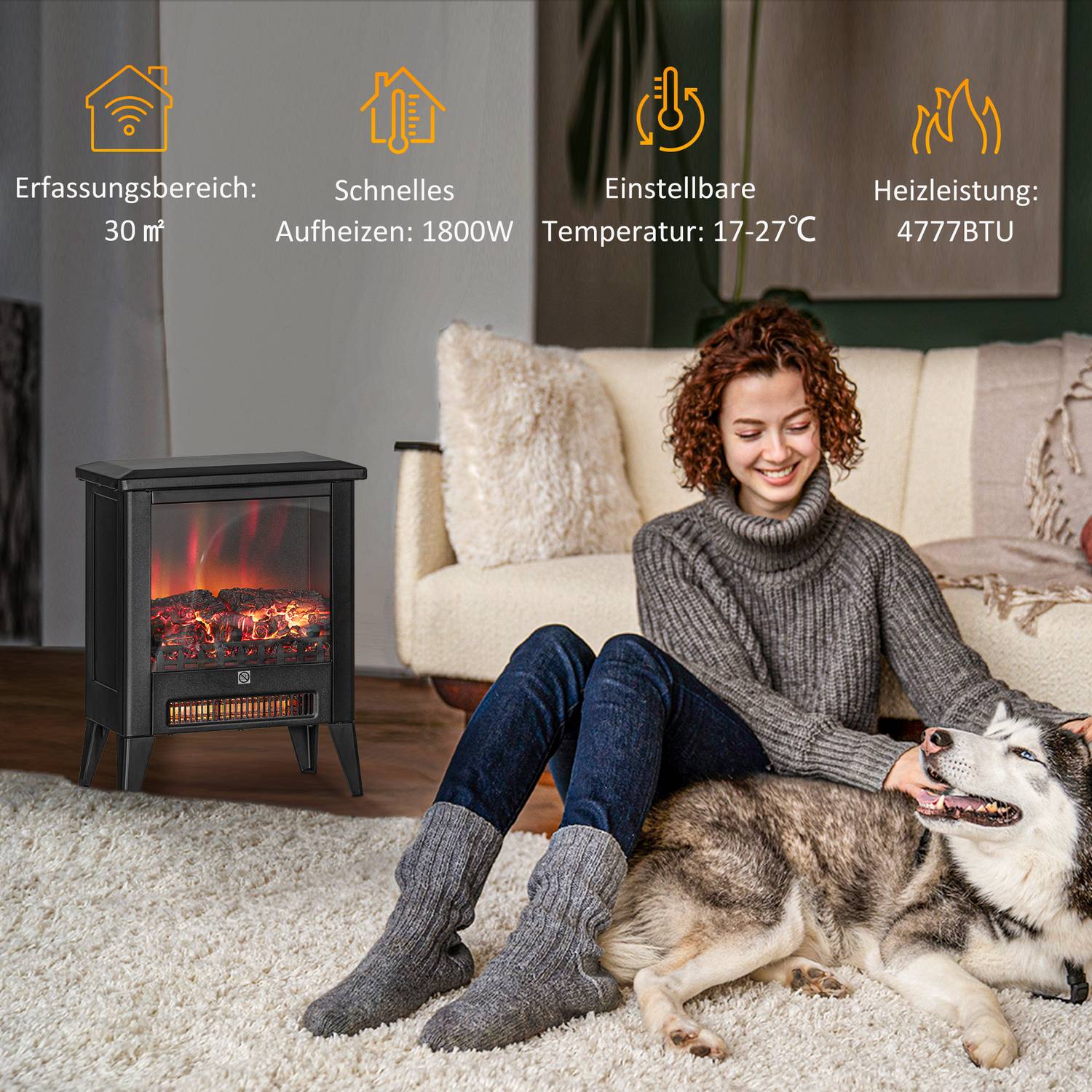 Elektrisk eldstadsvärmare, 1800W, LED Flame, Lågt ljud
