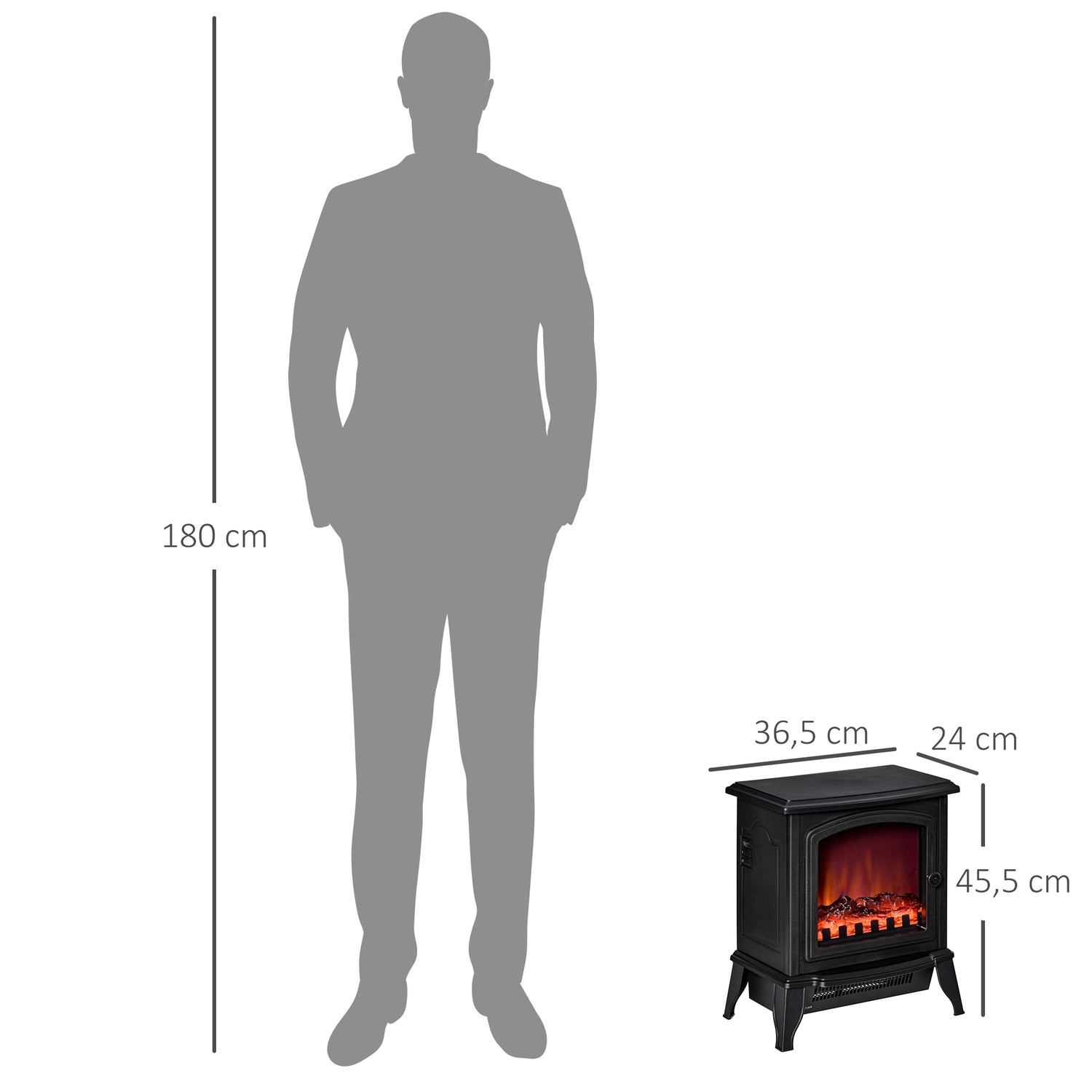 Fristående elektrisk öppen spis med LED Flame, 2000W, Svart