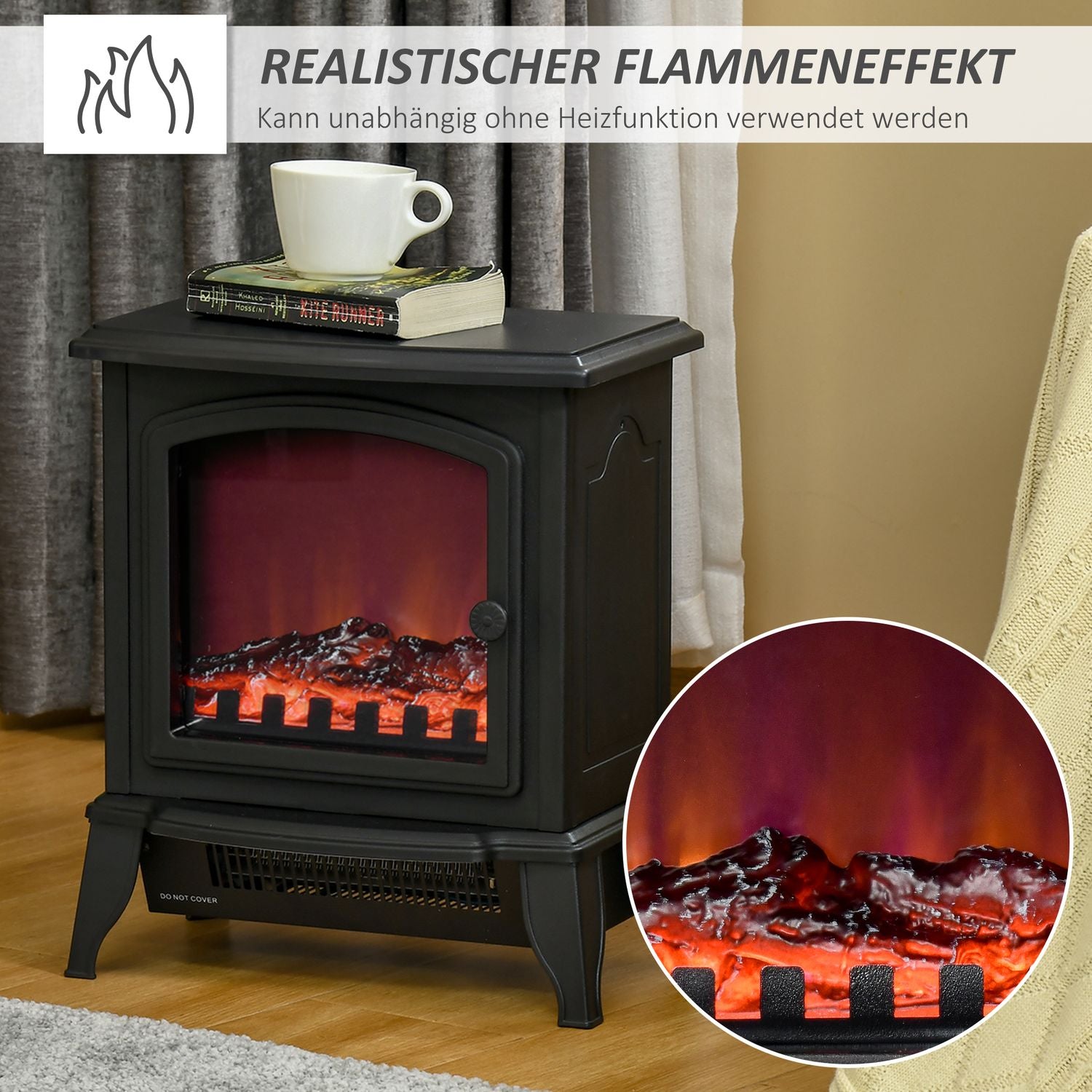 Fristående elektrisk öppen spis med LED Flame, 2000W, Svart