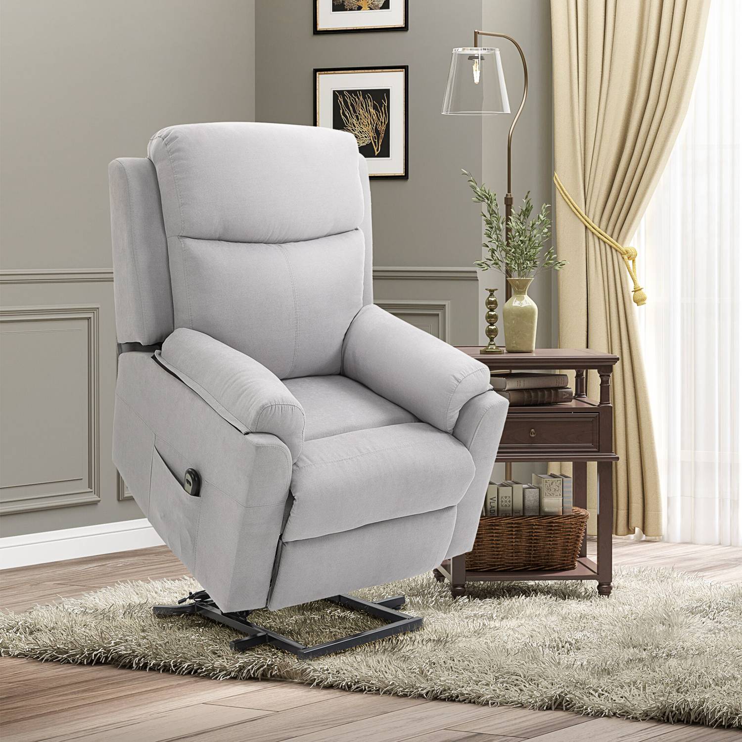 Elektrische relaxfauteuil voor senioren, sta-op functie, linnen grijs
