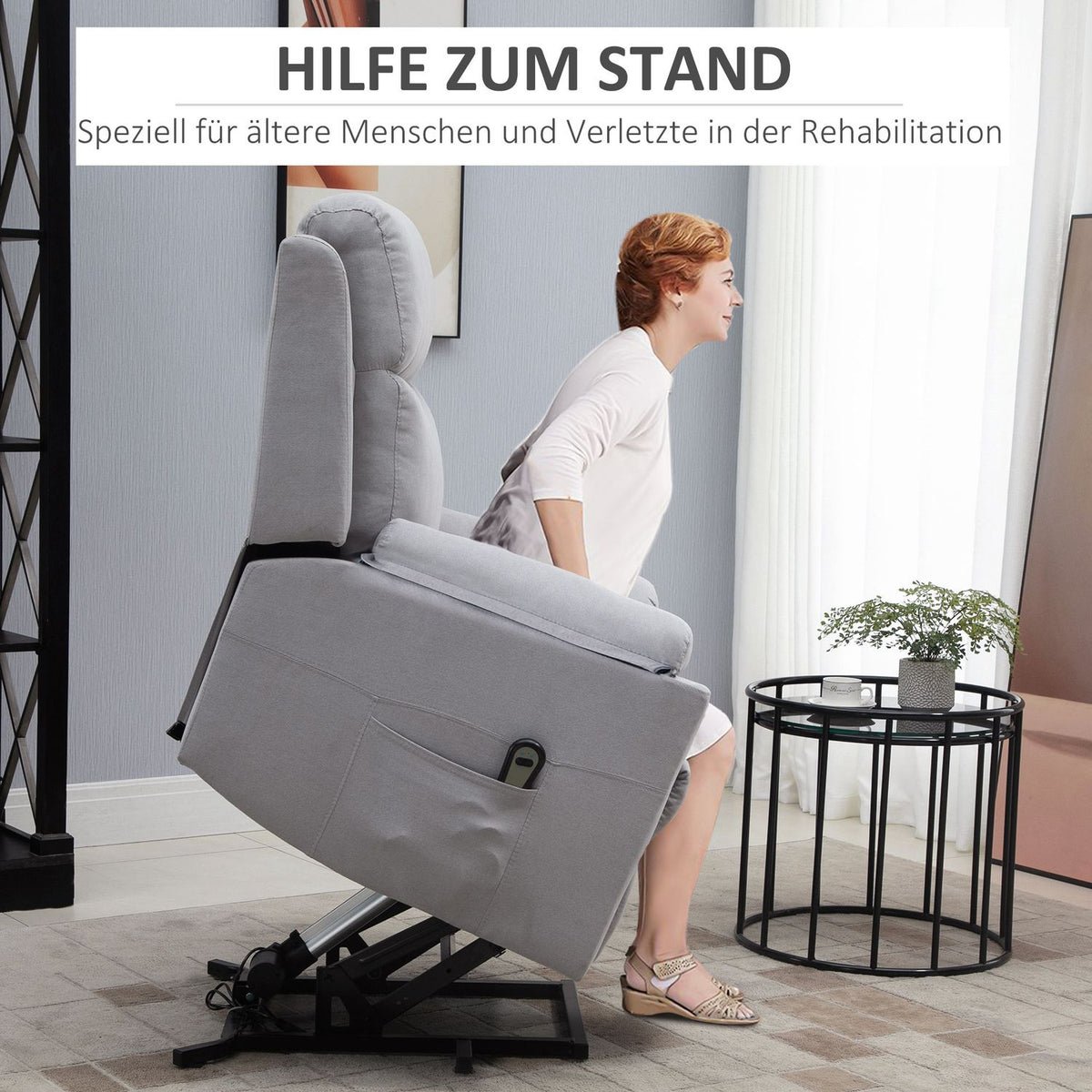 Elektrische relaxfauteuil voor senioren, sta-op functie, linnen grijs