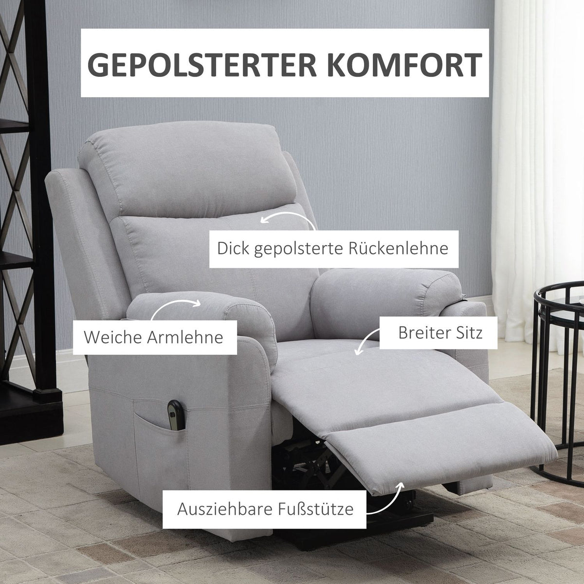 Elektrische relaxfauteuil voor senioren, sta-op functie, linnen grijs