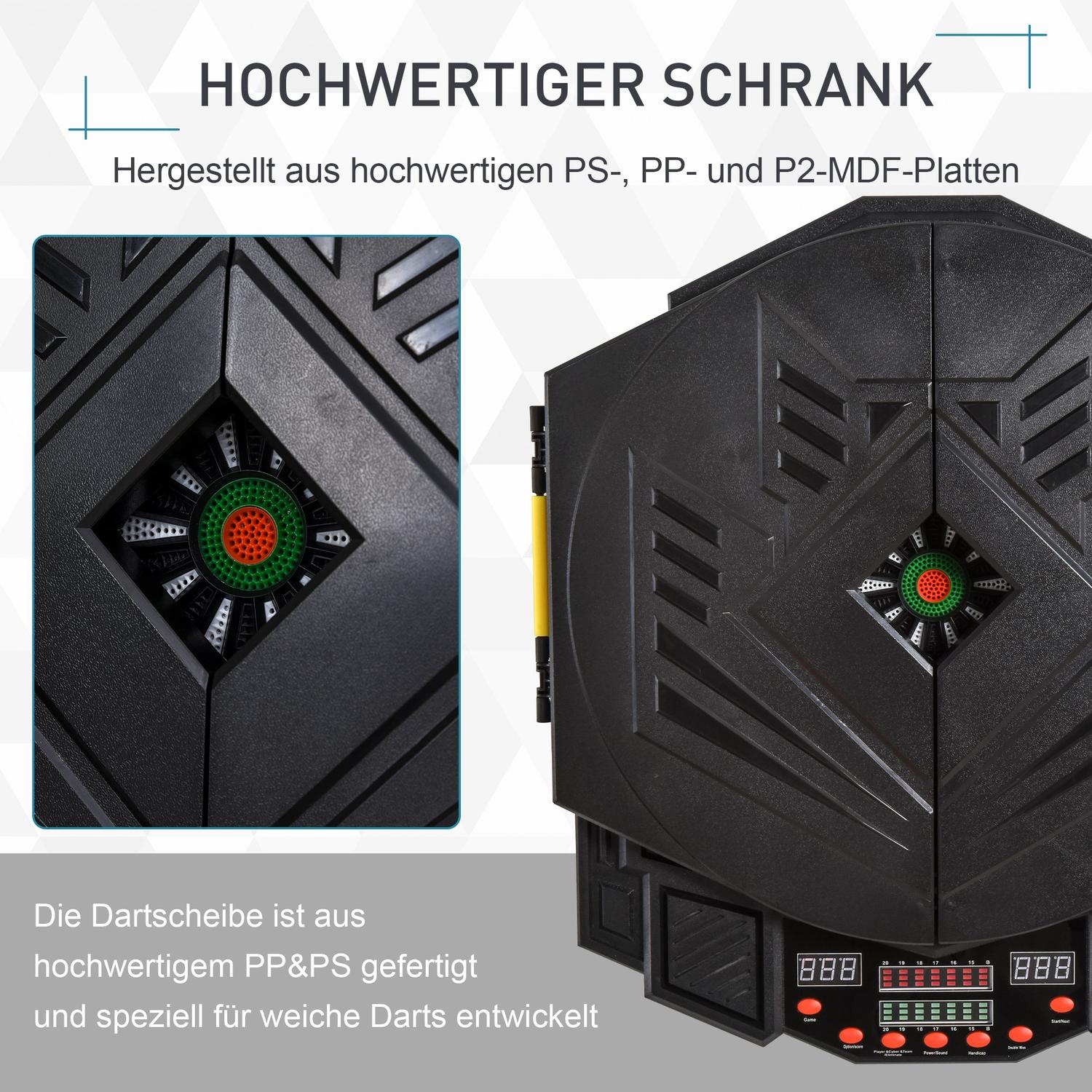 Elektroniskt dartskåp, 216 spel, 12 dart, ABS-PP