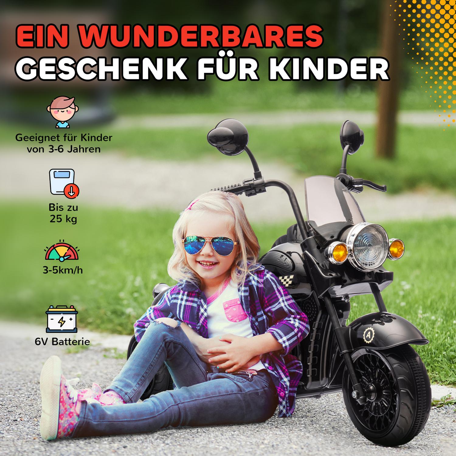 Elmotorcykel för barn, 6V, LED, 3-6 år, Svart