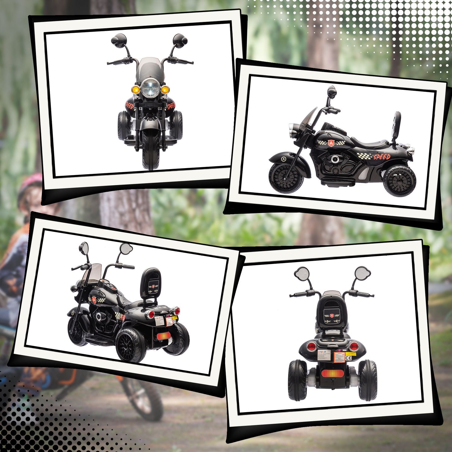 Elmotorcykel för barn, 6V, LED, 3-6 år, Svart